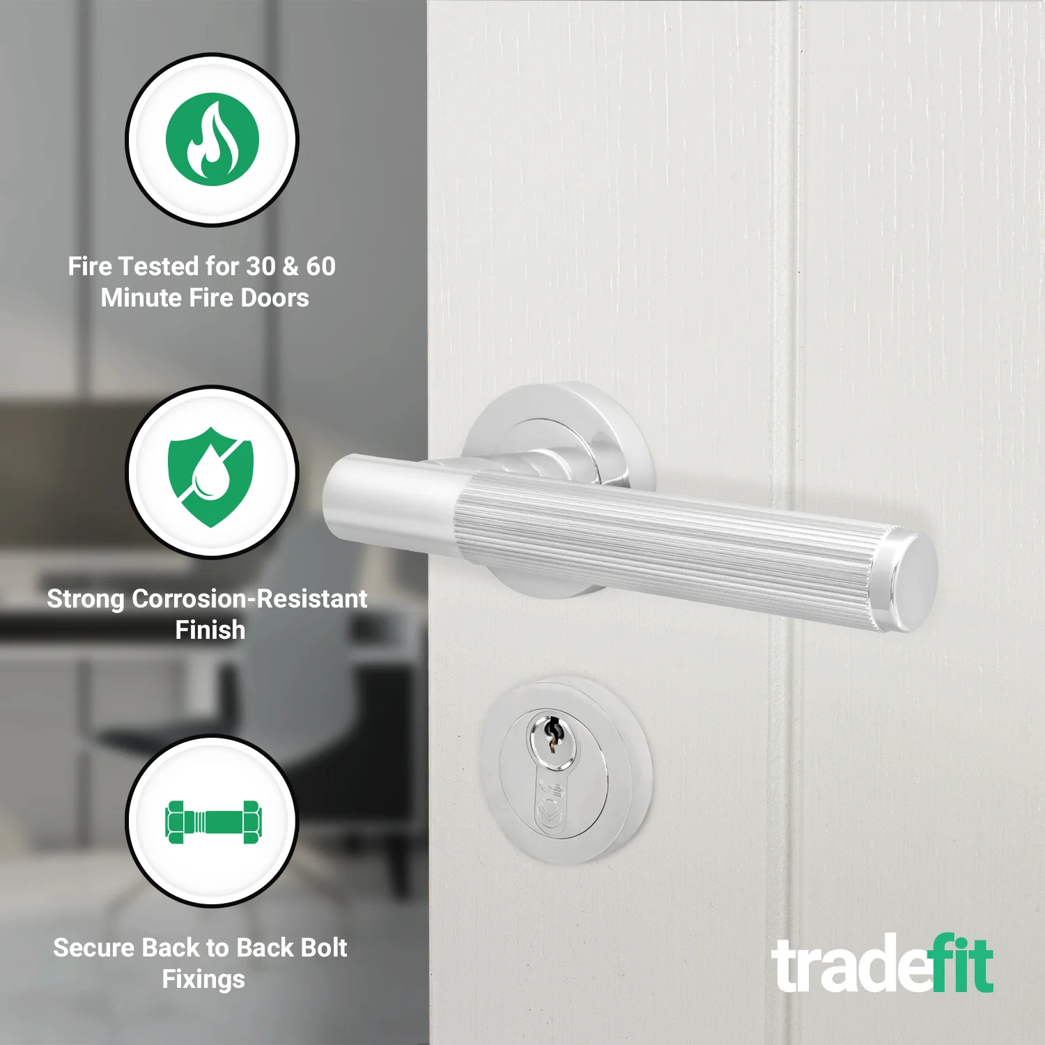 Aurora Polished Chrome Lever on Rose Door Handle Kit - Medium Duty FD30/60 - 80mm Euro Sashlock and Thumbturn Cylinder - Keyed Alike - Image 2