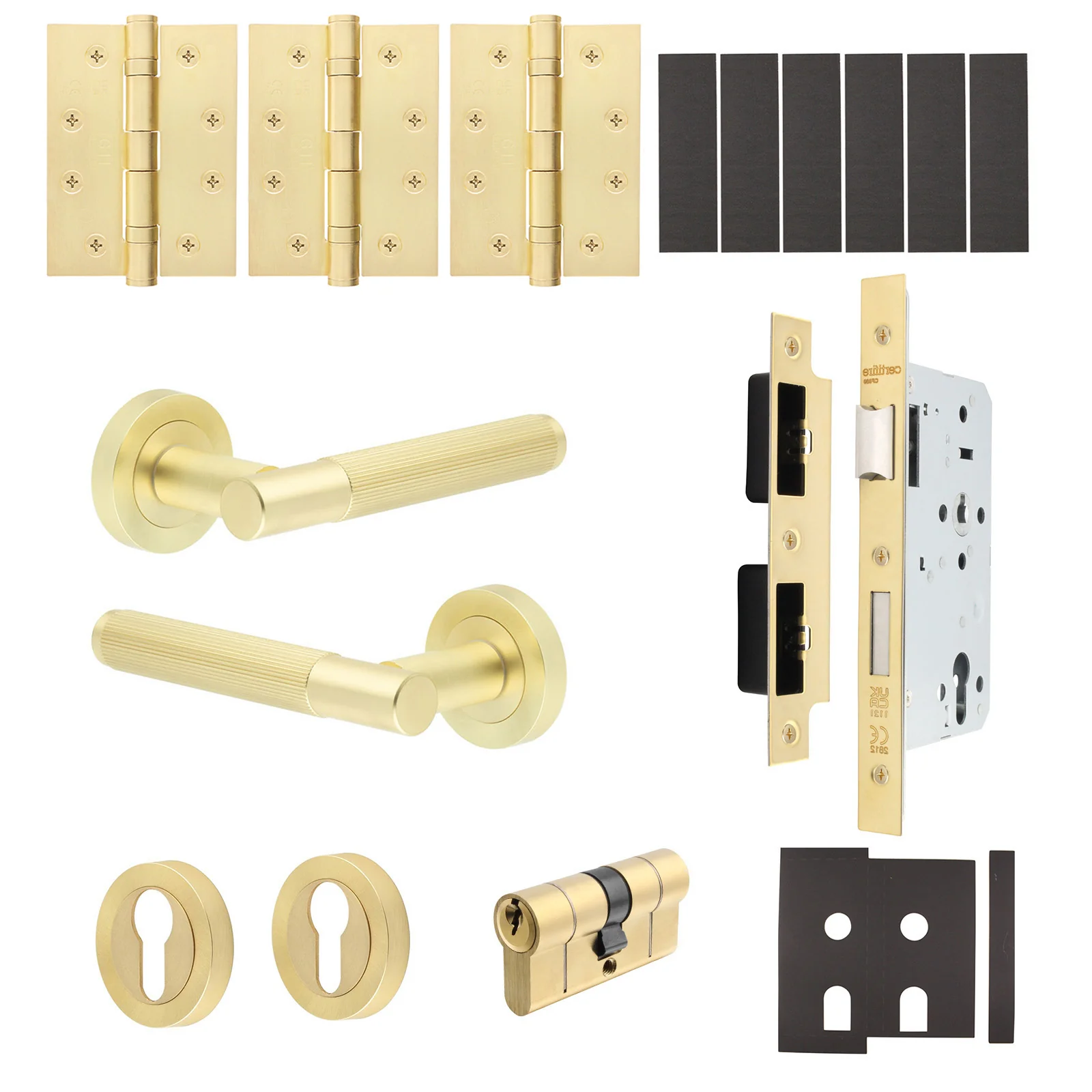 Aurora Satin Brass Lever on Rose Door Handle Kit - Heavy Duty FD30/60 - DIN Euro Sashlock and Double Cylinder - Keyed to Differ