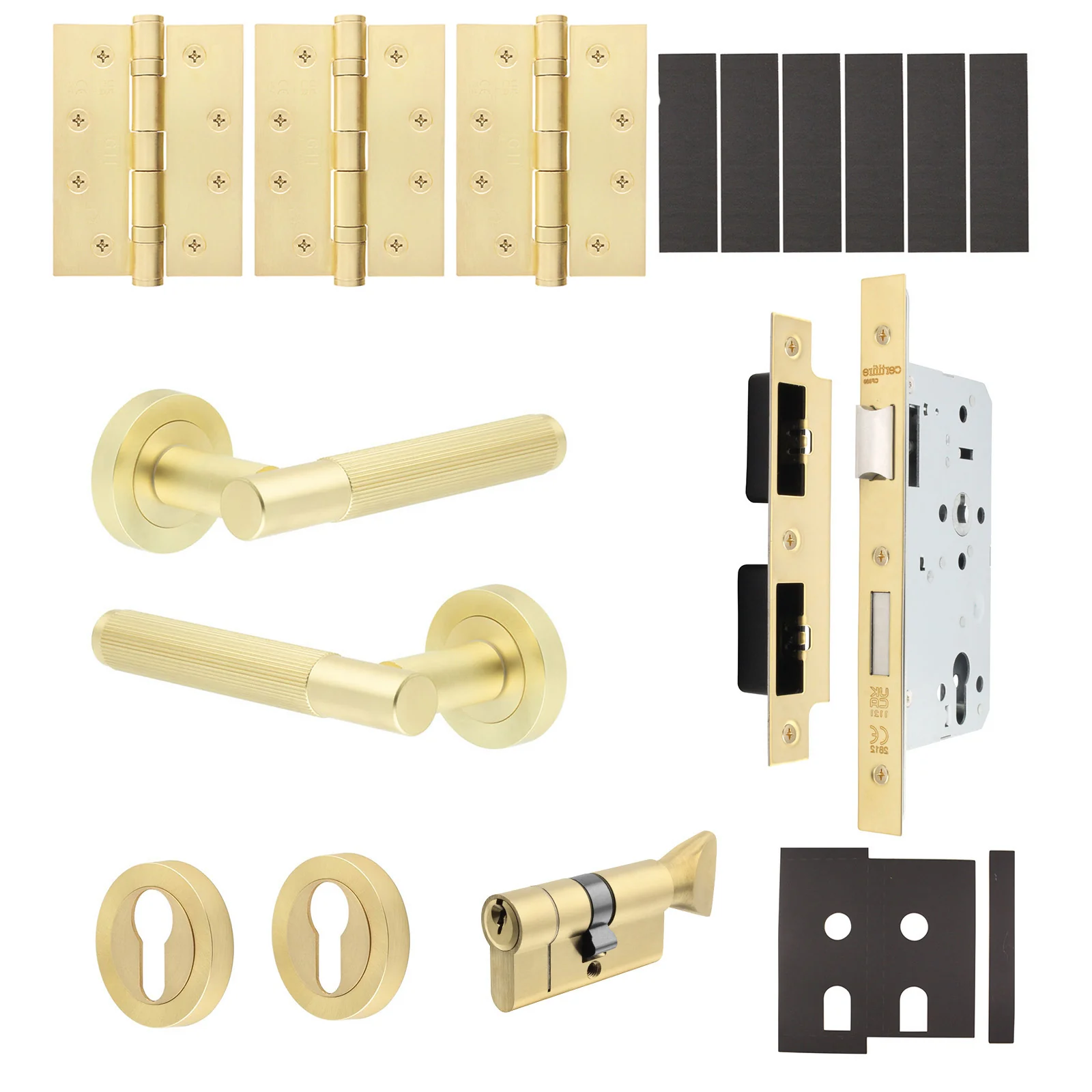 Aurora Satin Brass Lever on Rose Door Handle Kit - Heavy Duty FD30/60 - DIN Euro Sashlock and Thumbturn Cylinder - Master Keyed