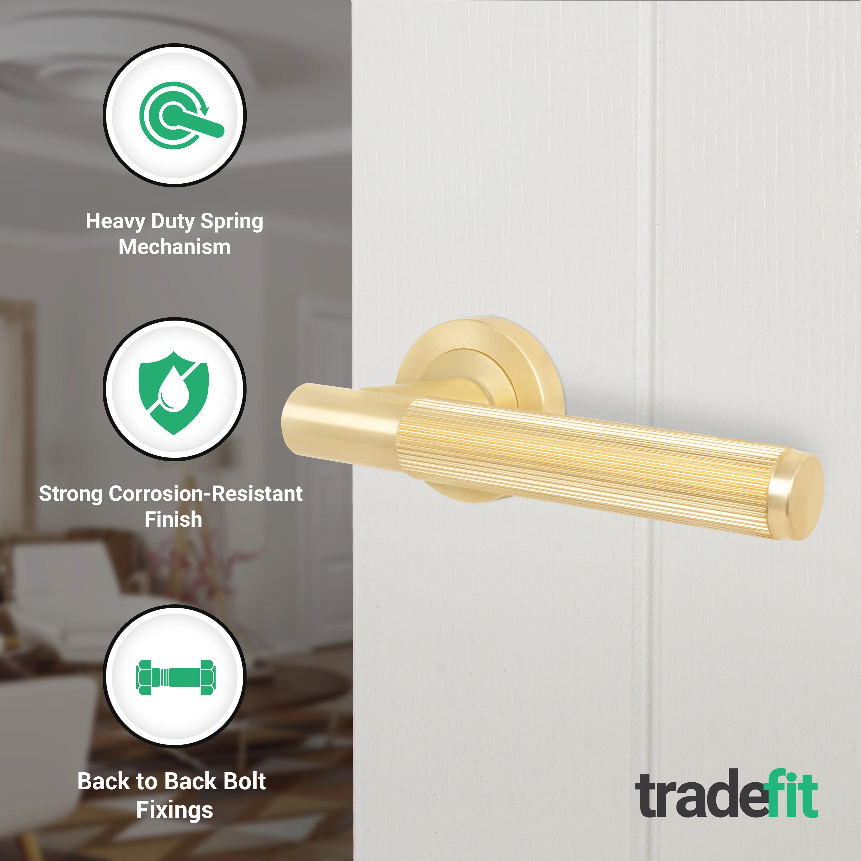Aurora Satin Brass Lever on Rose Door Handle Kit - 64mm Latch - Image 2