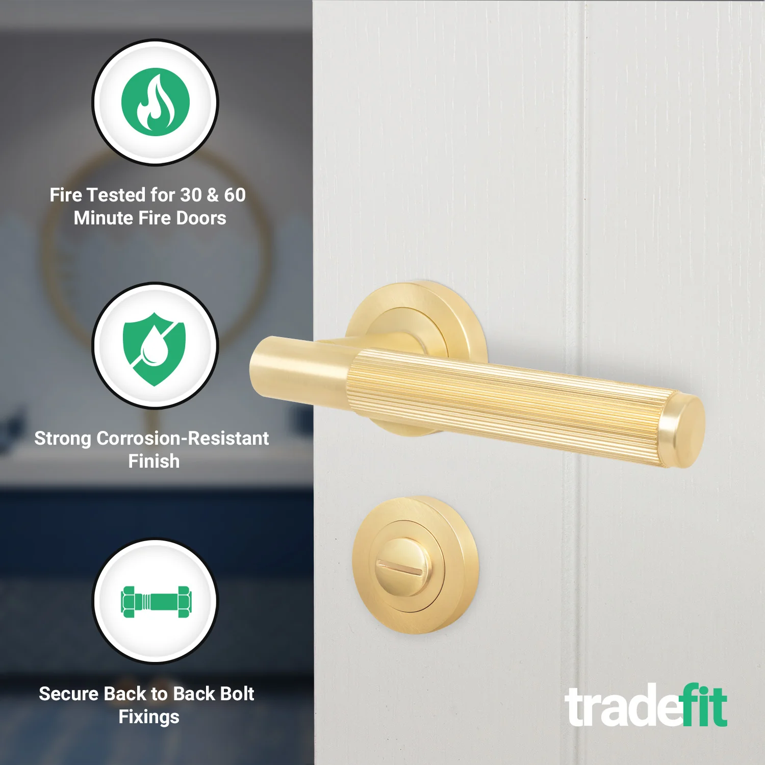 Aurora Satin Brass Lever on Rose Door Handle Kit - Medium Duty FD30/60 - 80mm Bathroom Lock - Image 2
