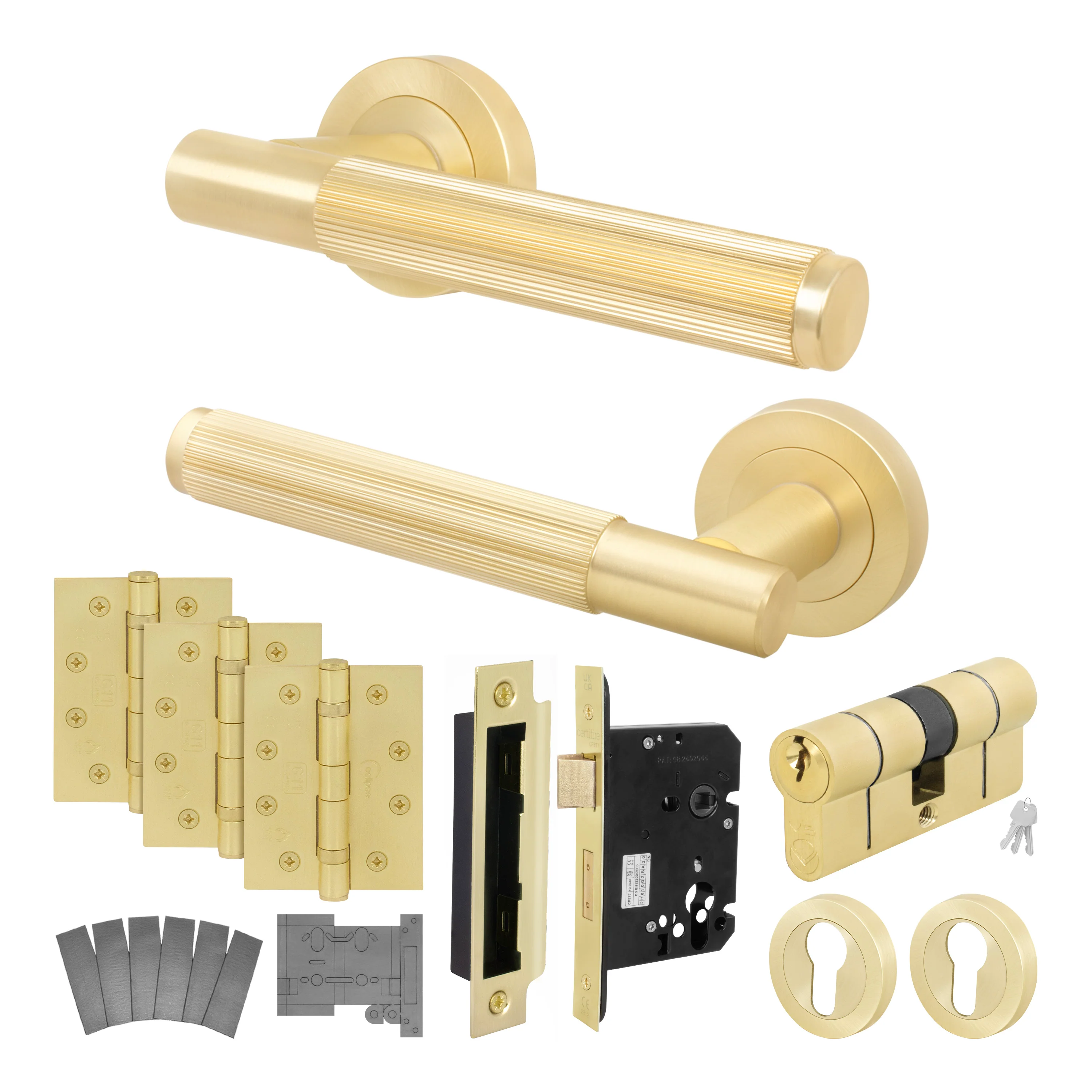Aurora Satin Brass Lever on Rose Door Handle Kit - Medium Duty FD30/60 - 80mm Euro Sashlock and Double Cylinder - Master Keyed