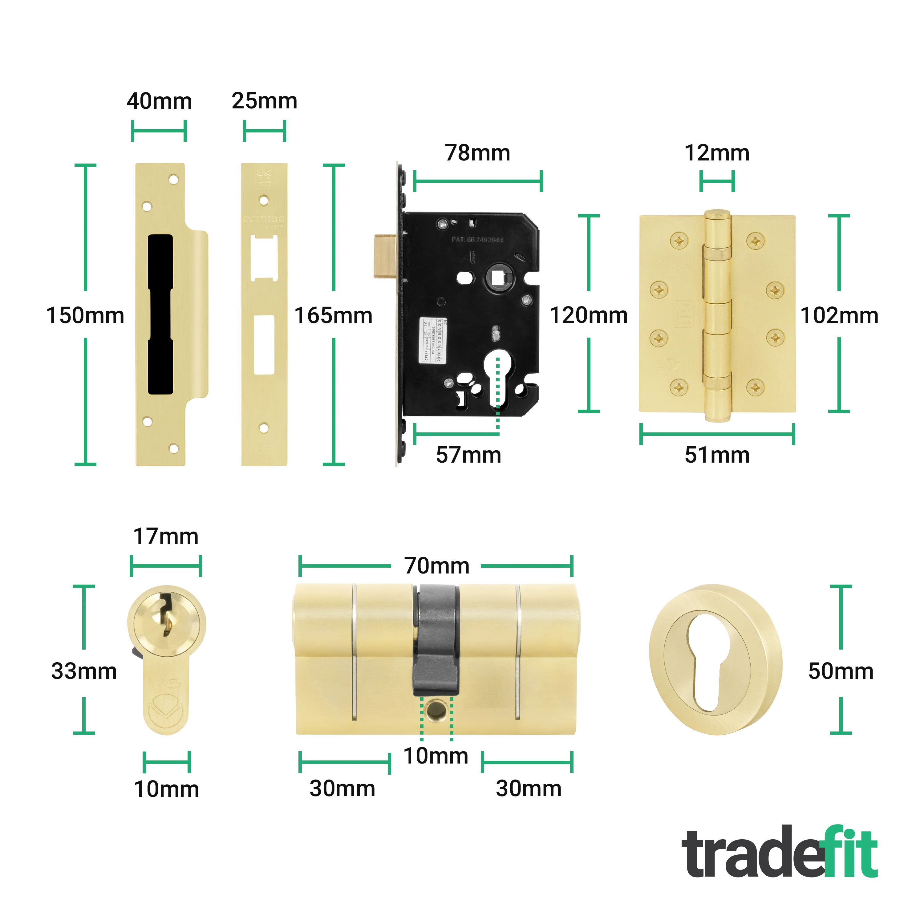 Aurora Satin Brass Lever on Rose Door Handle Kit - Medium Duty FD30/60 - 80mm Euro Sashlock and Double Cylinder - Master Keyed - Image 5