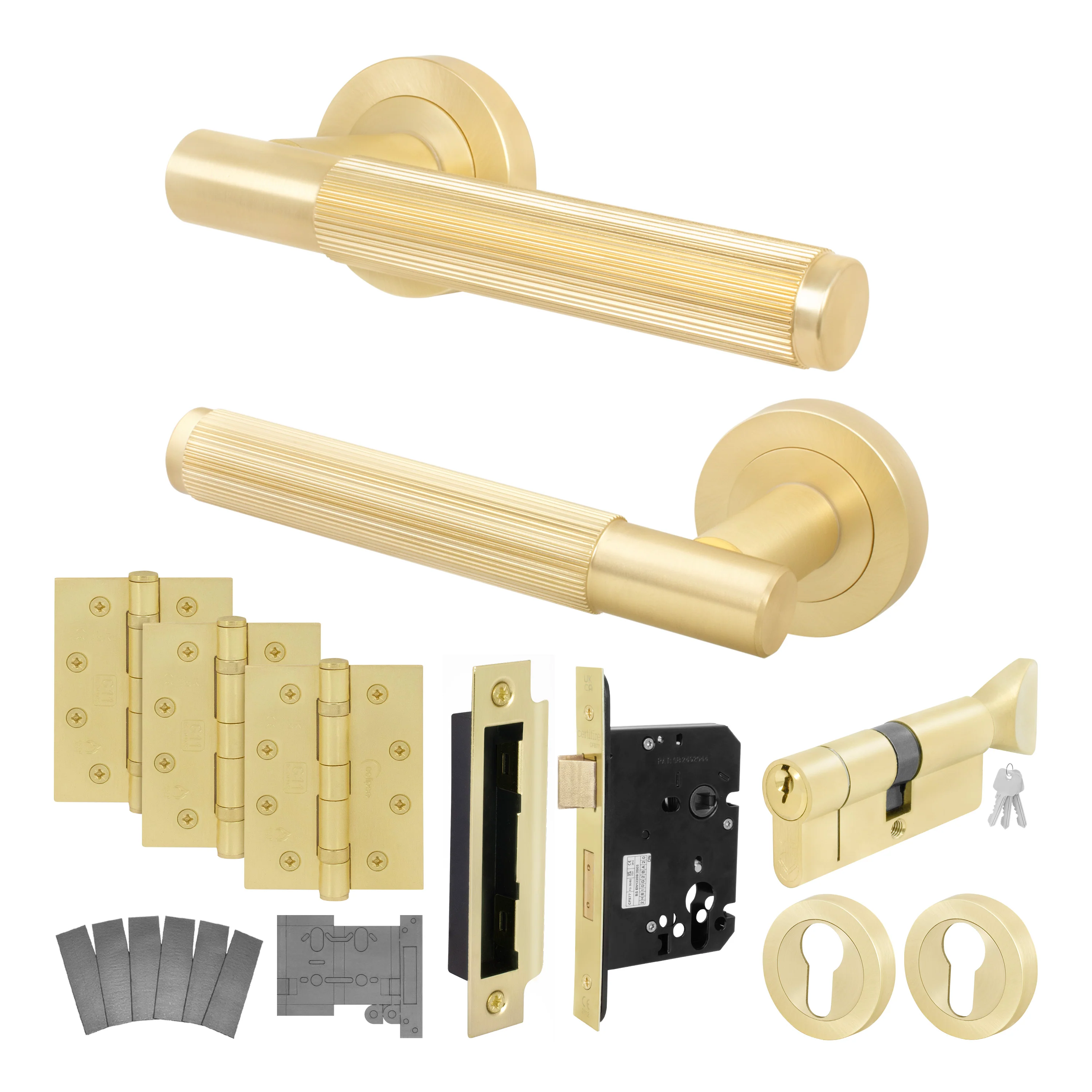 Aurora Satin Brass Lever on Rose Door Handle Kit - Medium Duty FD30/60 - 80mm Euro Sashlock and Thumbturn Cylinder - Keyed Alike