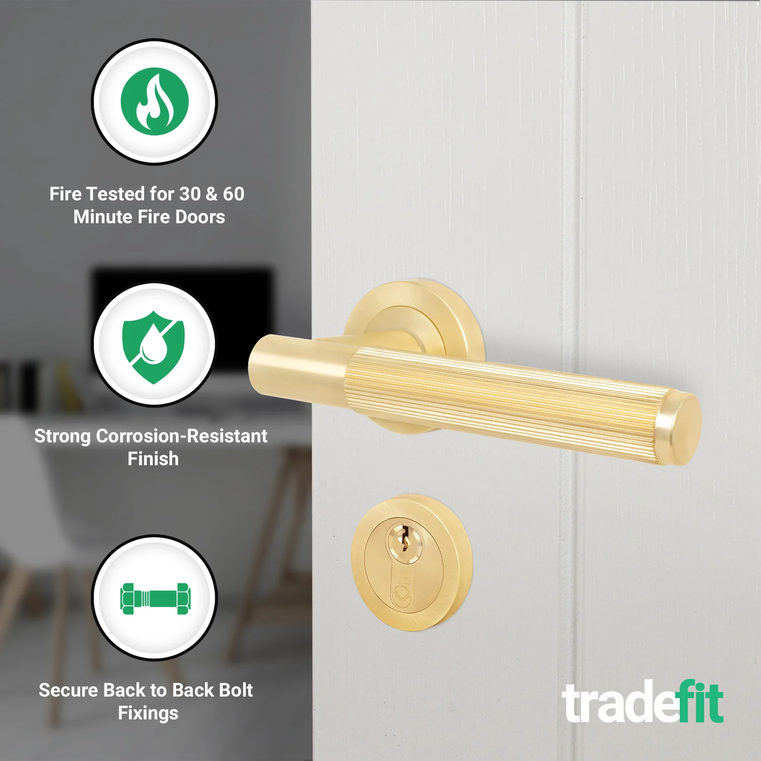 Aurora Satin Brass Lever on Rose Door Handle Kit - Medium Duty FD30/60 - 80mm Euro Sashlock and Thumbturn Cylinder - Master Keyed - Image 2