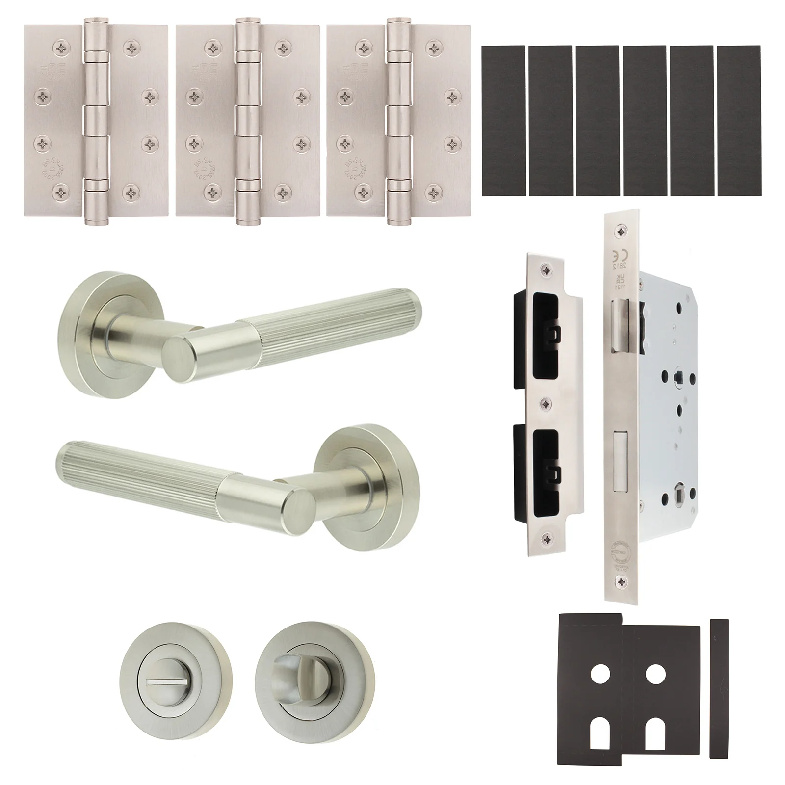 Aurora Satin Nickel Lever on Rose Door Handle Kit - Heavy Duty FD30/60 - DIN Bathroom Lock