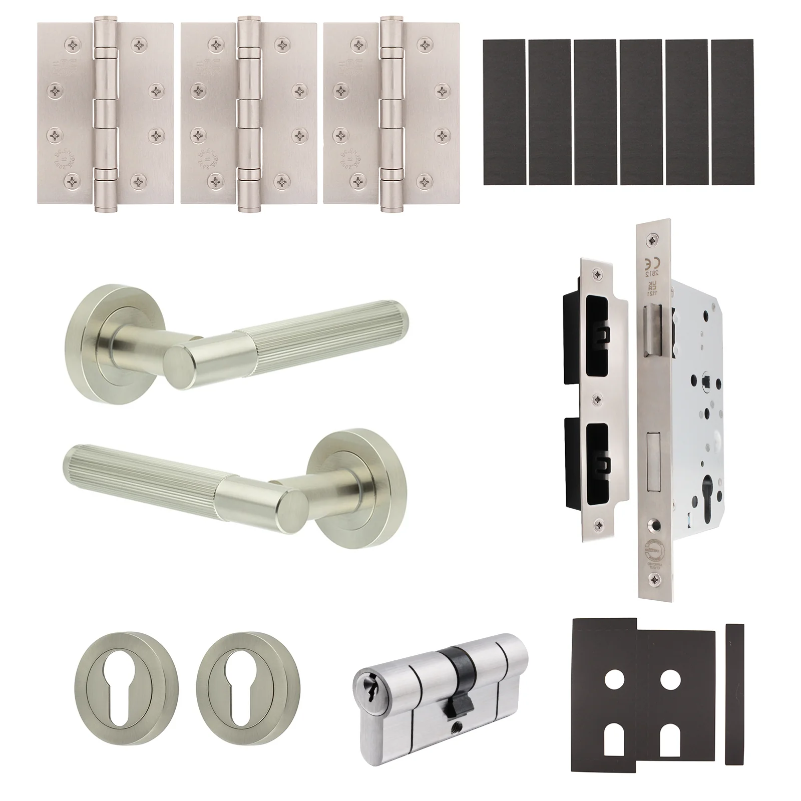 Aurora Satin Nickel Lever on Rose Door Handle Kit - Heavy Duty FD30/60 - DIN Euro Sashlock and Double Cylinder - Keyed Alike