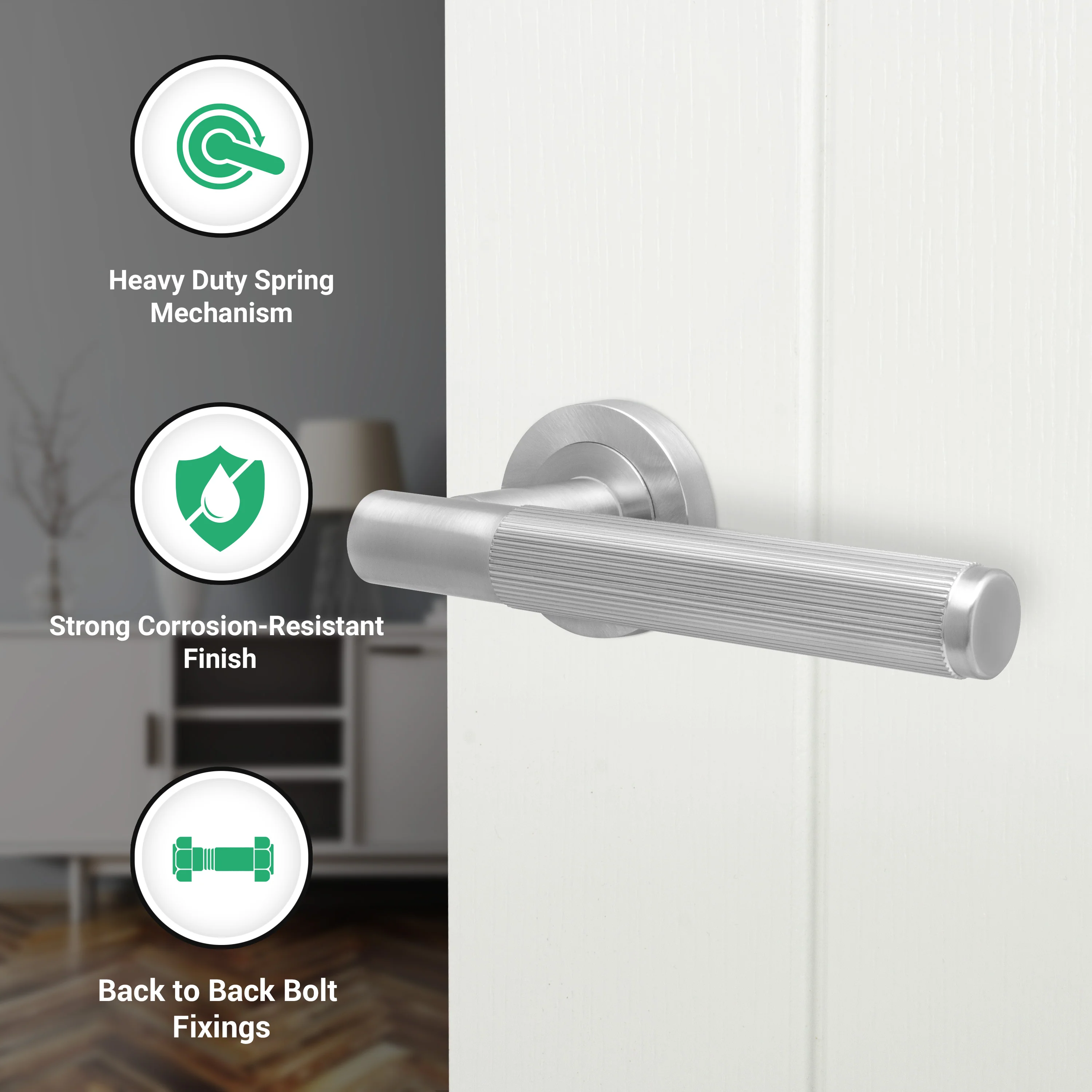 Aurora Satin Nickel Lever on Rose Door Handle Kit - 64mm Latch - Image 2
