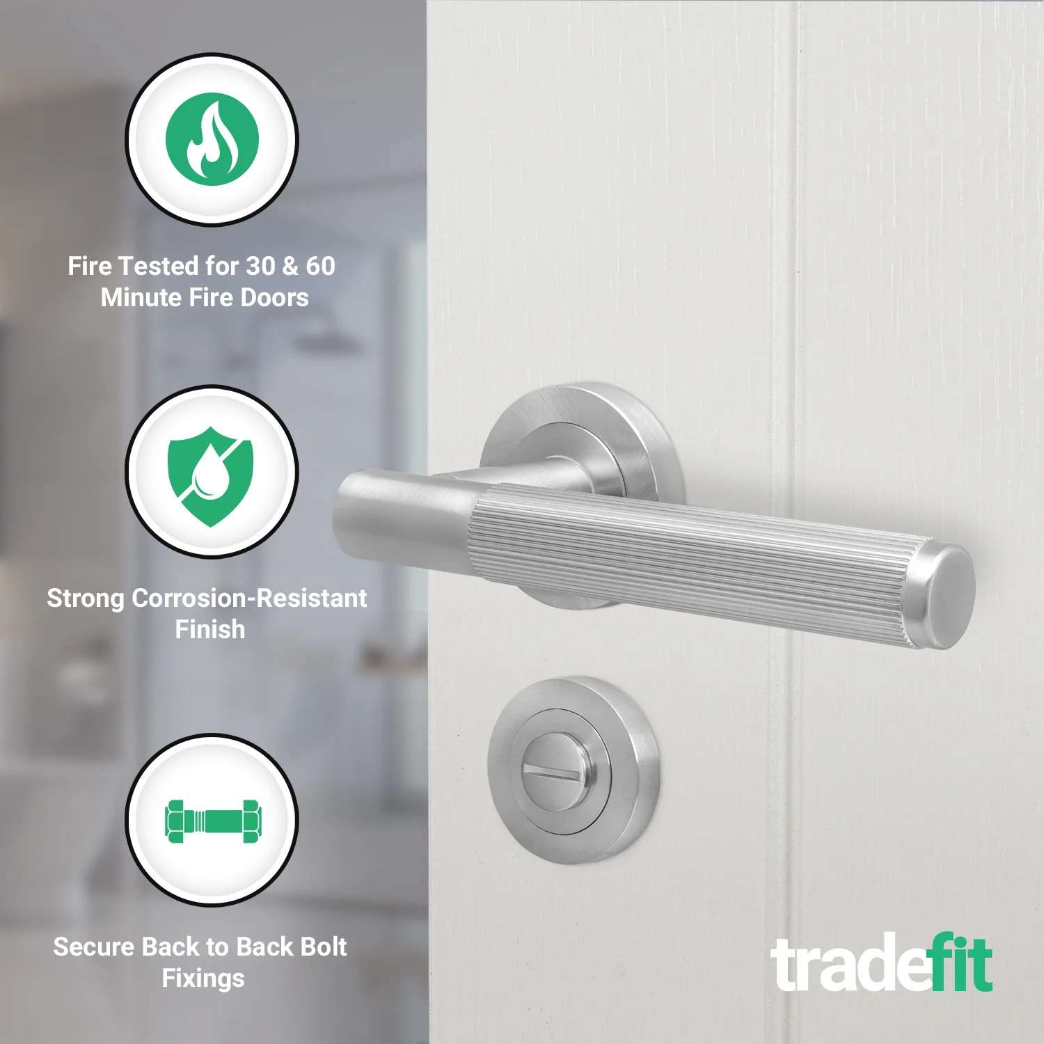 Aurora Satin Nickel Lever on Rose Door Handle Kit - Medium Duty FD30/60 - 80mm Bathroom Lock - Image 2