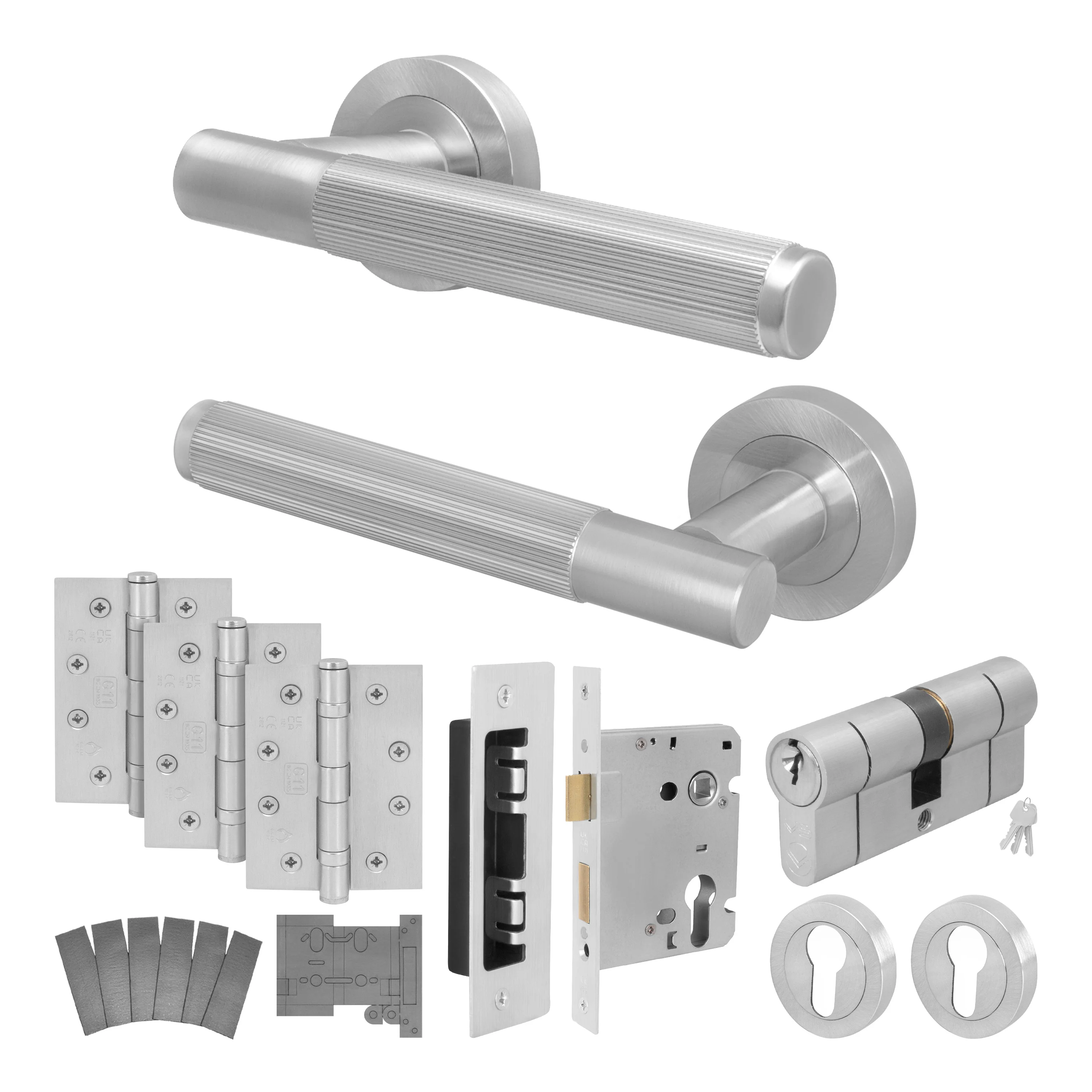 Aurora Satin Nickel Lever on Rose Door Handle Kit - Medium Duty FD30/60 - 80mm Euro Sashlock and Double Cylinder - Master Keyed