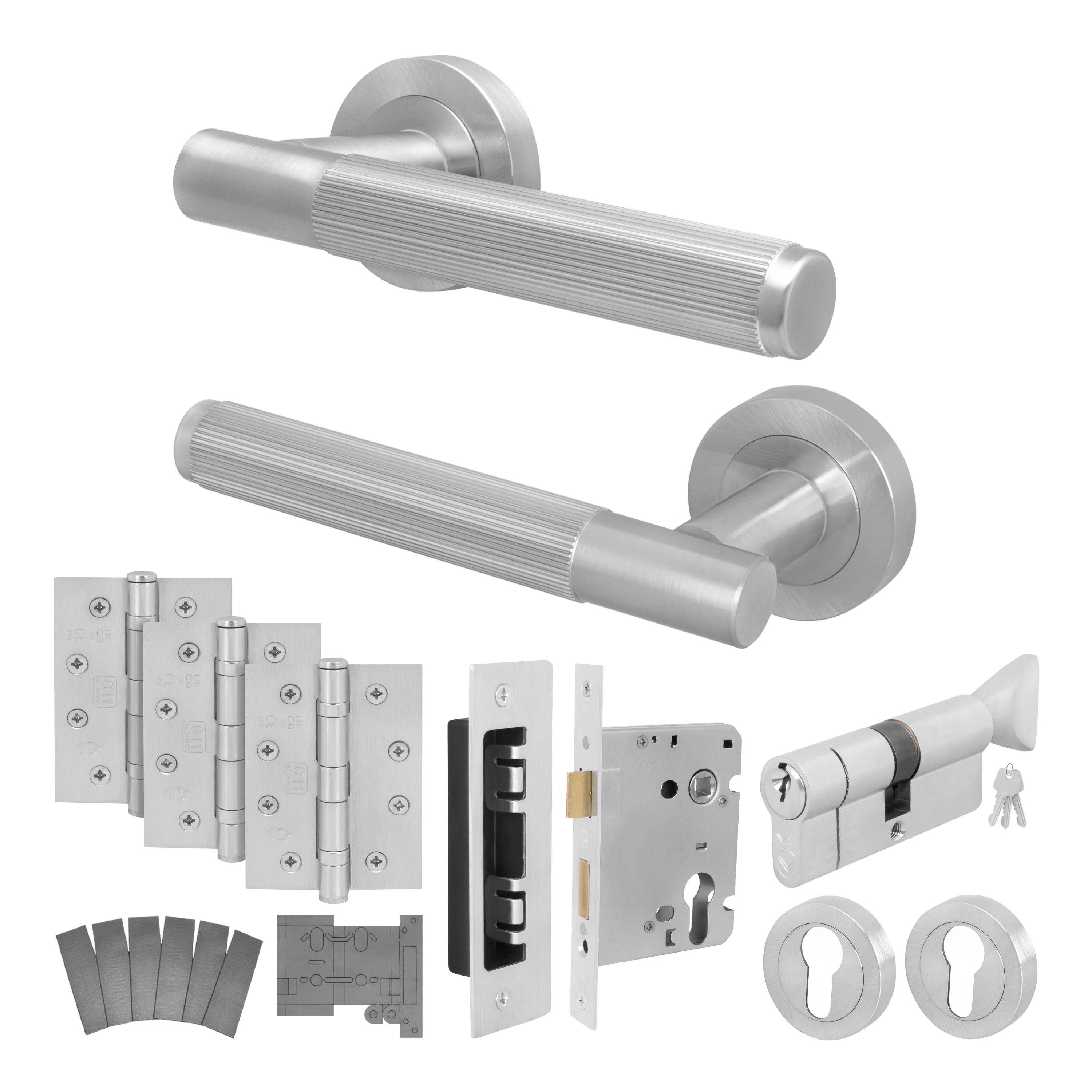 Aurora Satin Nickel Lever on Rose Door Handle Kit - Medium Duty FD30/60 - 80mm Euro Sashlock and Thumbturn Cylinder - Keyed to Differ