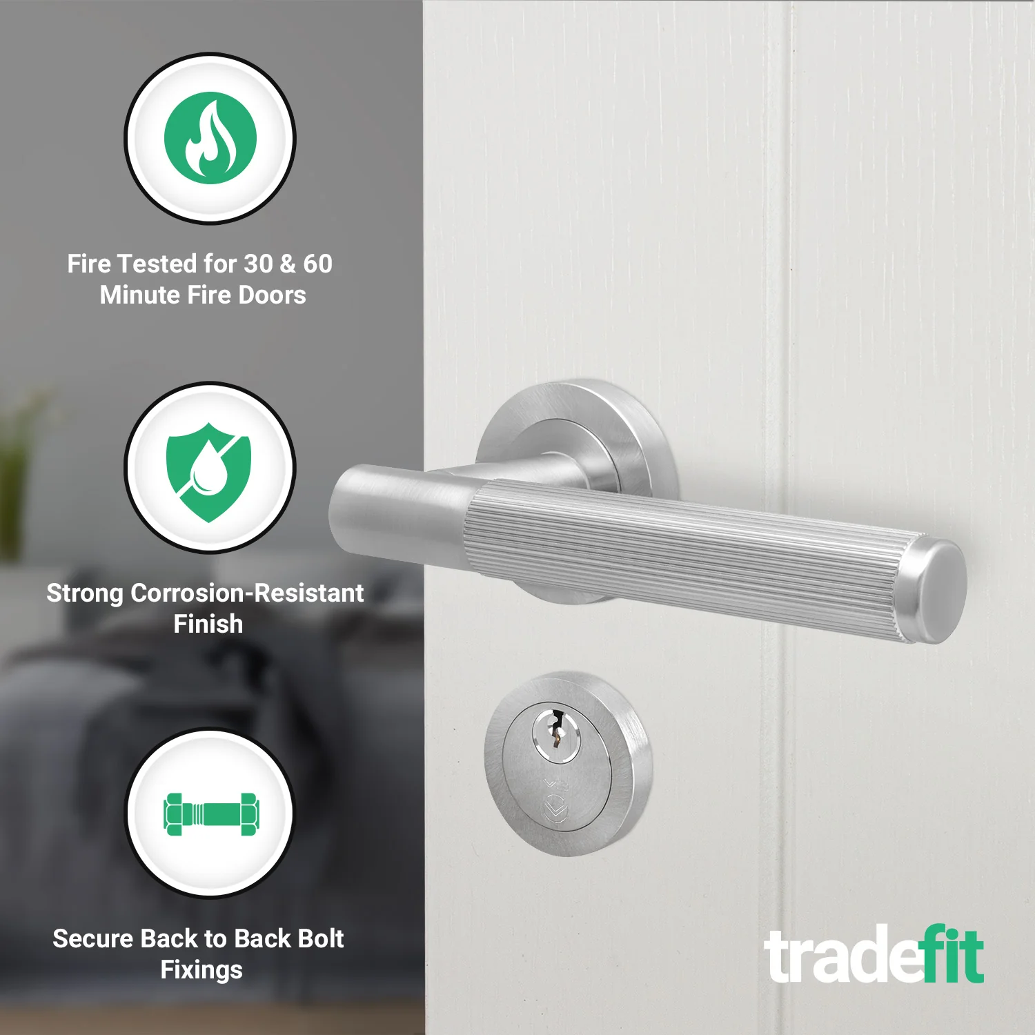 Aurora Satin Nickel Lever on Rose Door Handle Kit - Medium Duty FD30/60 - 80mm Euro Sashlock and Thumbturn Cylinder - Master Keyed - Image 2