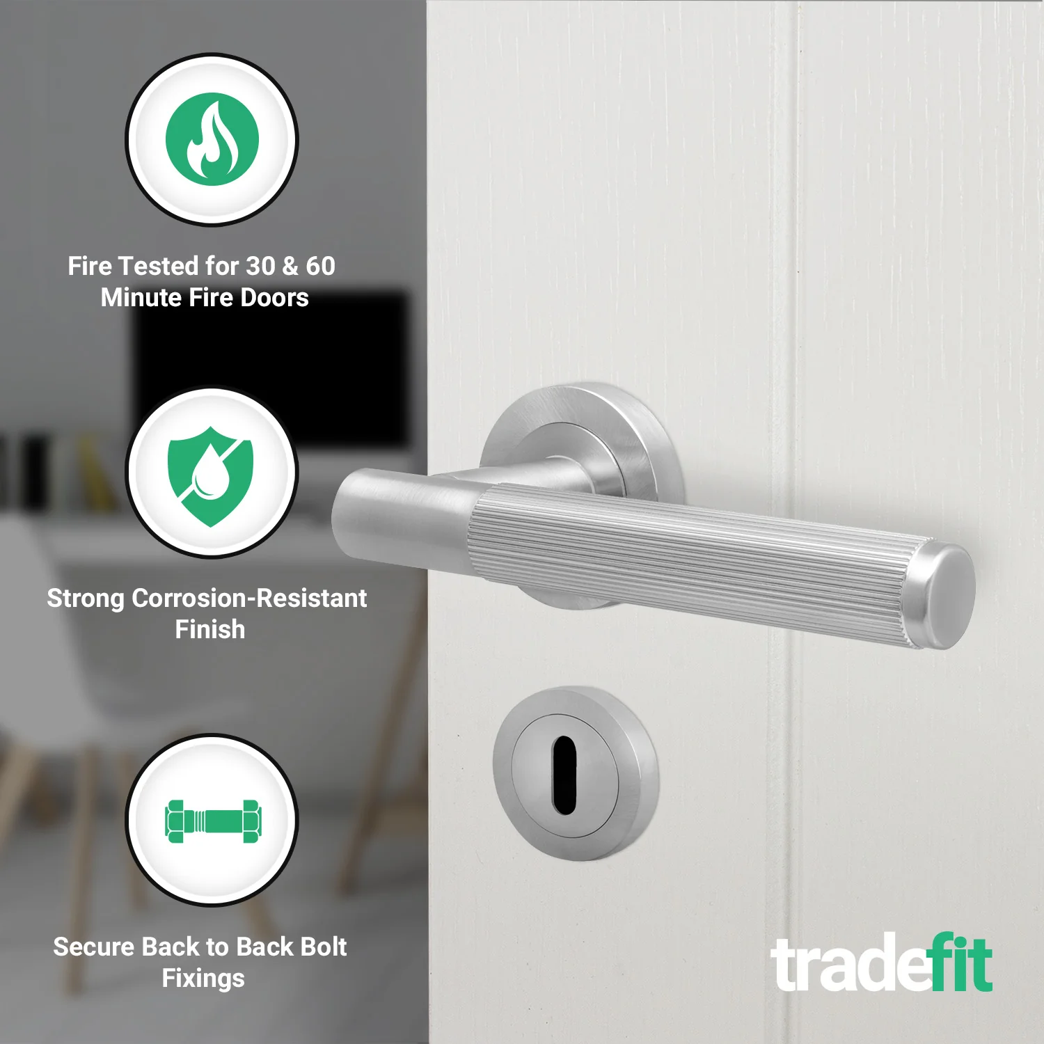 Aurora Satin Nickel Lever on Rose Door Handle Kit - Medium Duty FD30/60 - 80mm Sashlock - Image 2