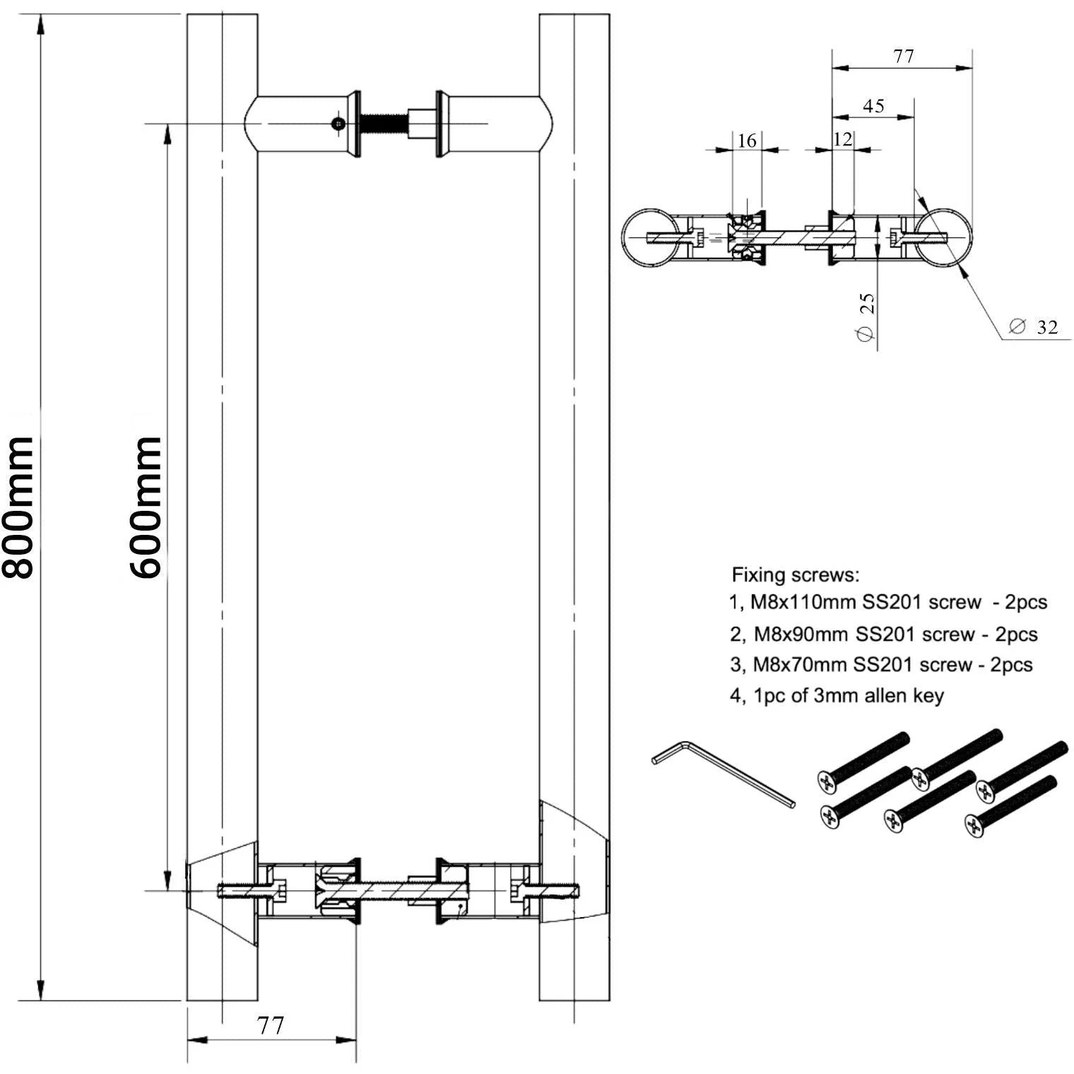 Guardsman Entrance Pull Handles - Back To Back Fix - 800 x 32mm 600mm c/c - 316 Stainless Steel - Image 3