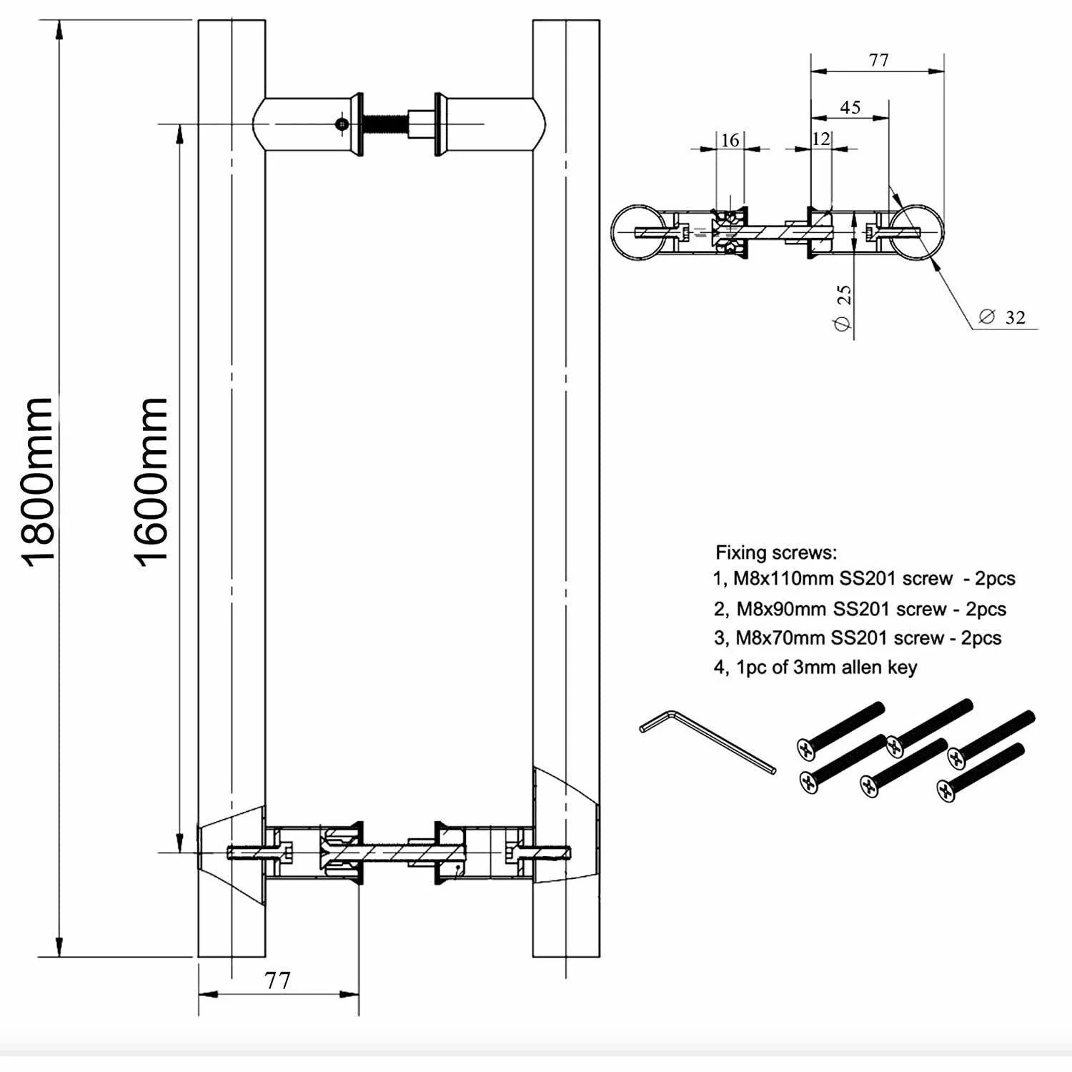 Guardsman Entrance Pull Handles - Back To Back Fix - 1800 x 32mm 1600mm c/c - Grade 304 Satin Stainless Steel - Image 3