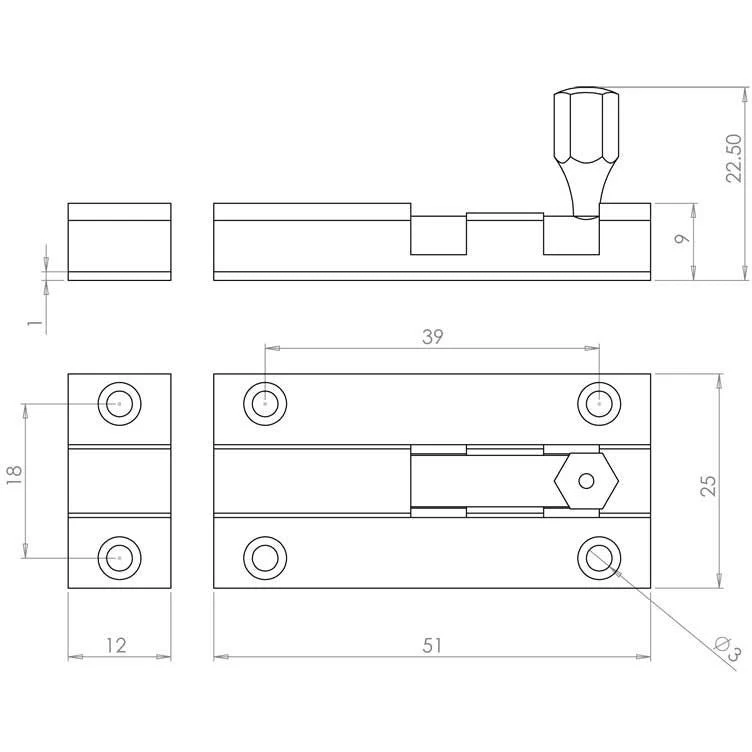 Barrel Bolt Straight - 50x25mm - Satin Chrome - Image 2