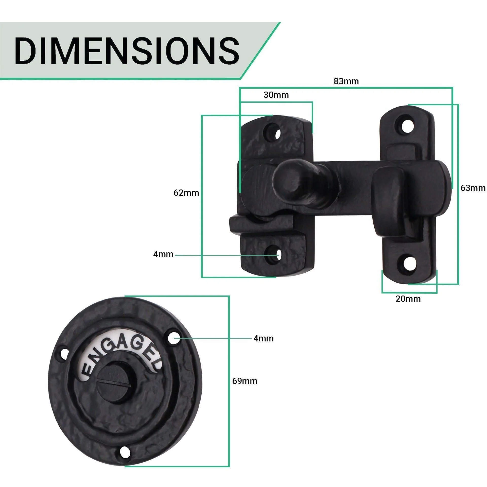 Bathroom Indicator Bolt - Black Antique Iron - 83mm - Image 3