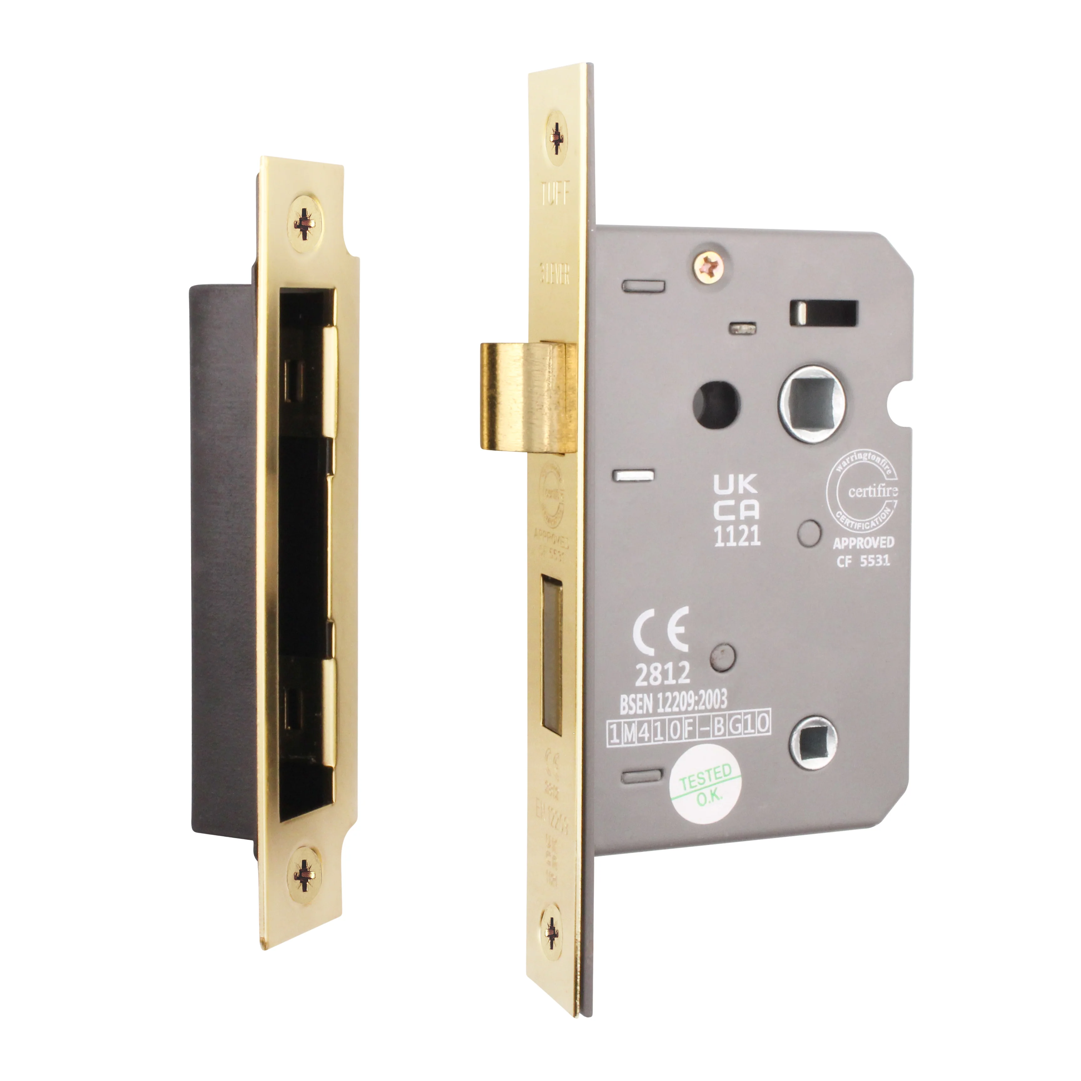 Mortice Fire Rated Bathroom Lock - 80mm Case Size - 57mm Backset - Electro Brass