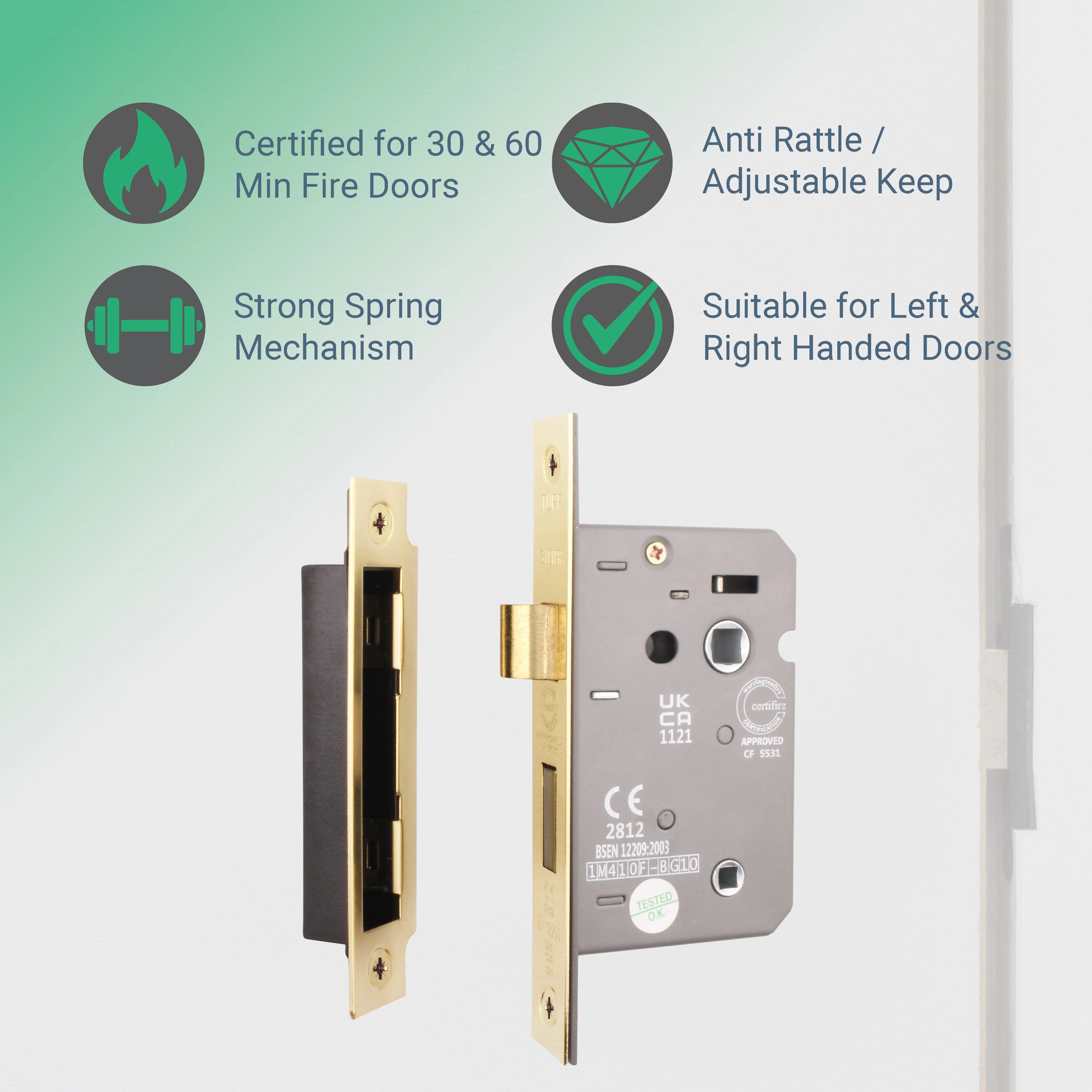 Mortice Fire Rated Bathroom Lock - 80mm Case Size - 57mm Backset - Electro Brass - Image 3
