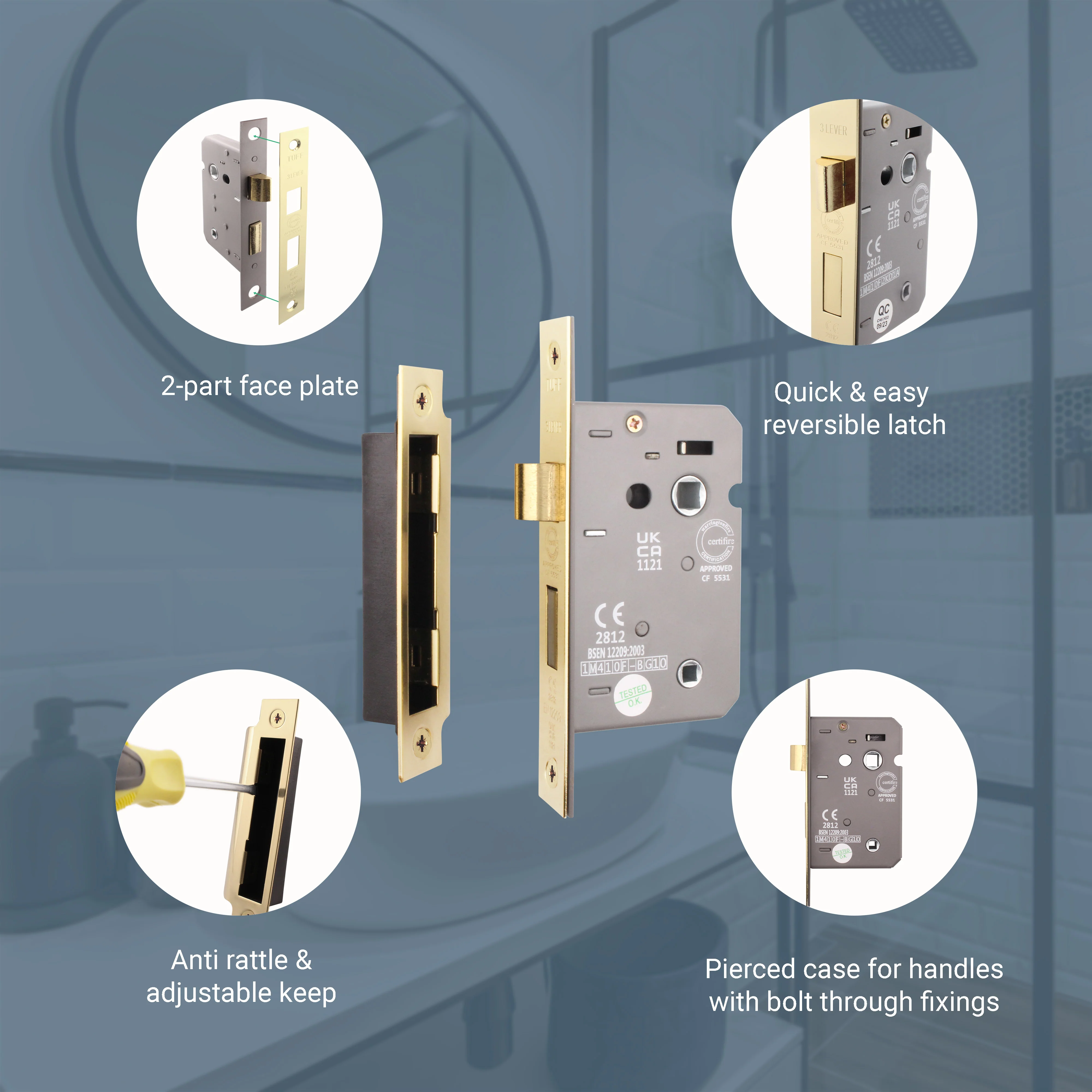 Mortice Fire Rated Bathroom Lock - 80mm Case Size - 57mm Backset - Electro Brass - Image 4