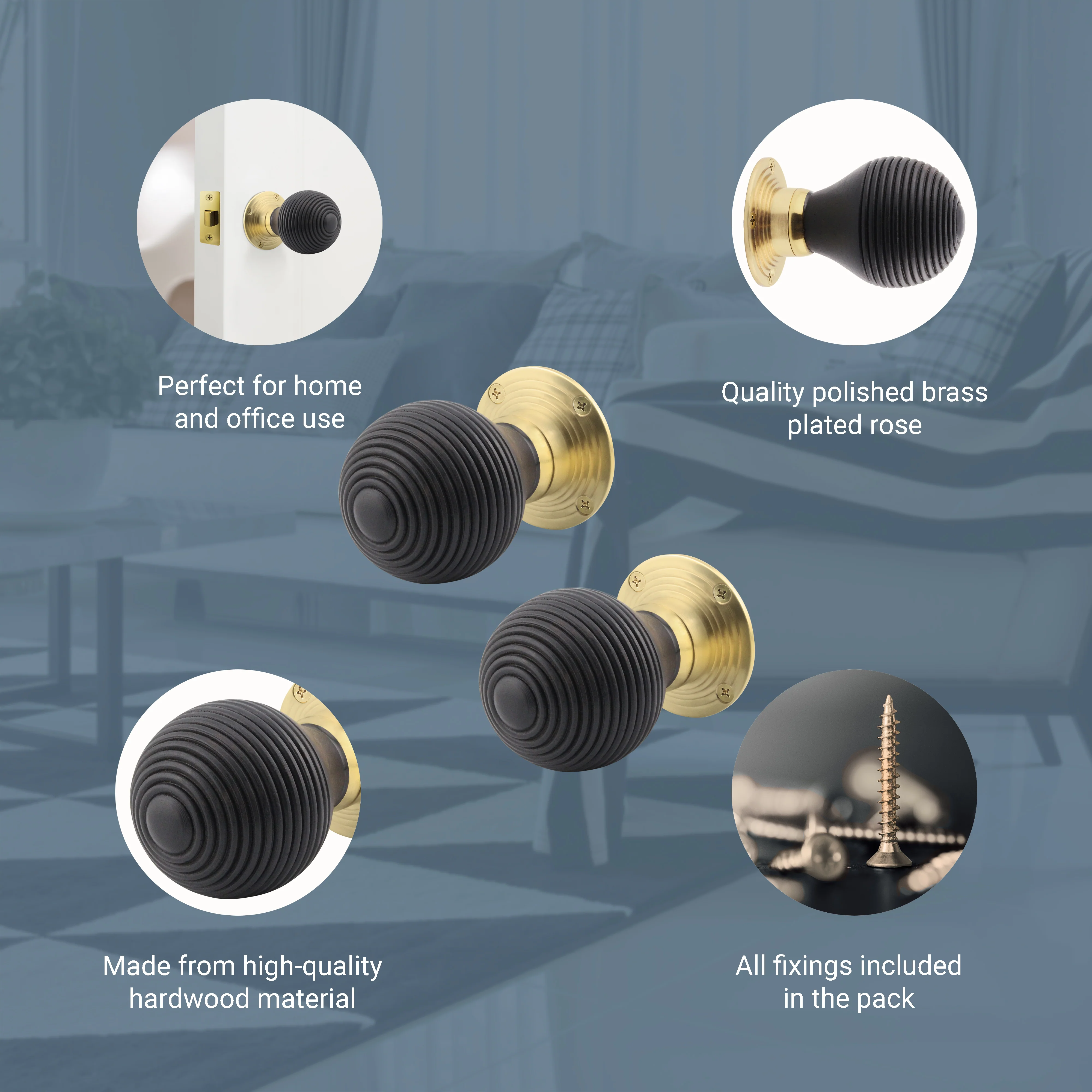 Beehive Ebony Black Wooden Mortice/Rim Door Knob - Image 4
