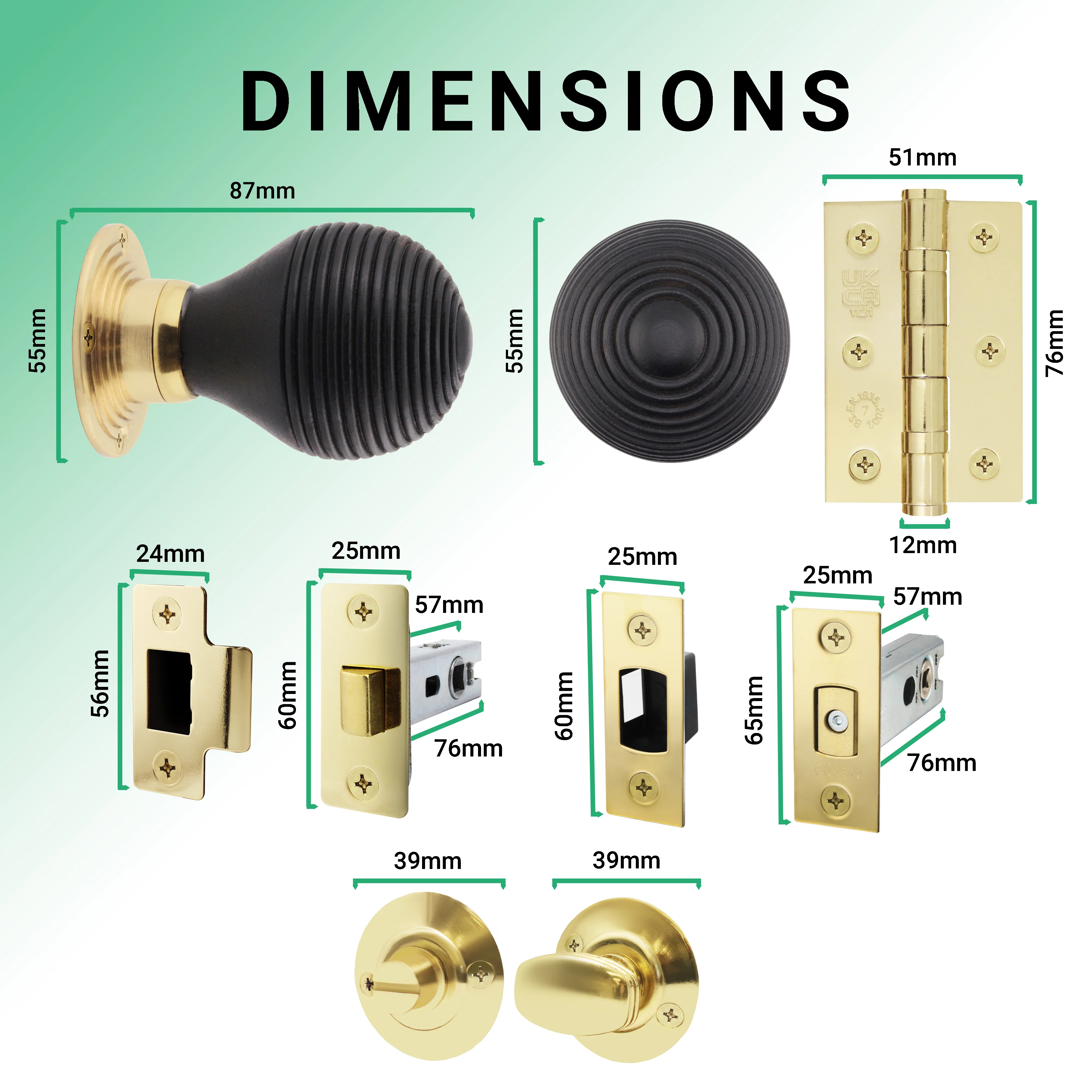 Beehive Reeded Ebony Mortice Door Knob Kit - 76mm Bathroom Deadbolt - Image 3