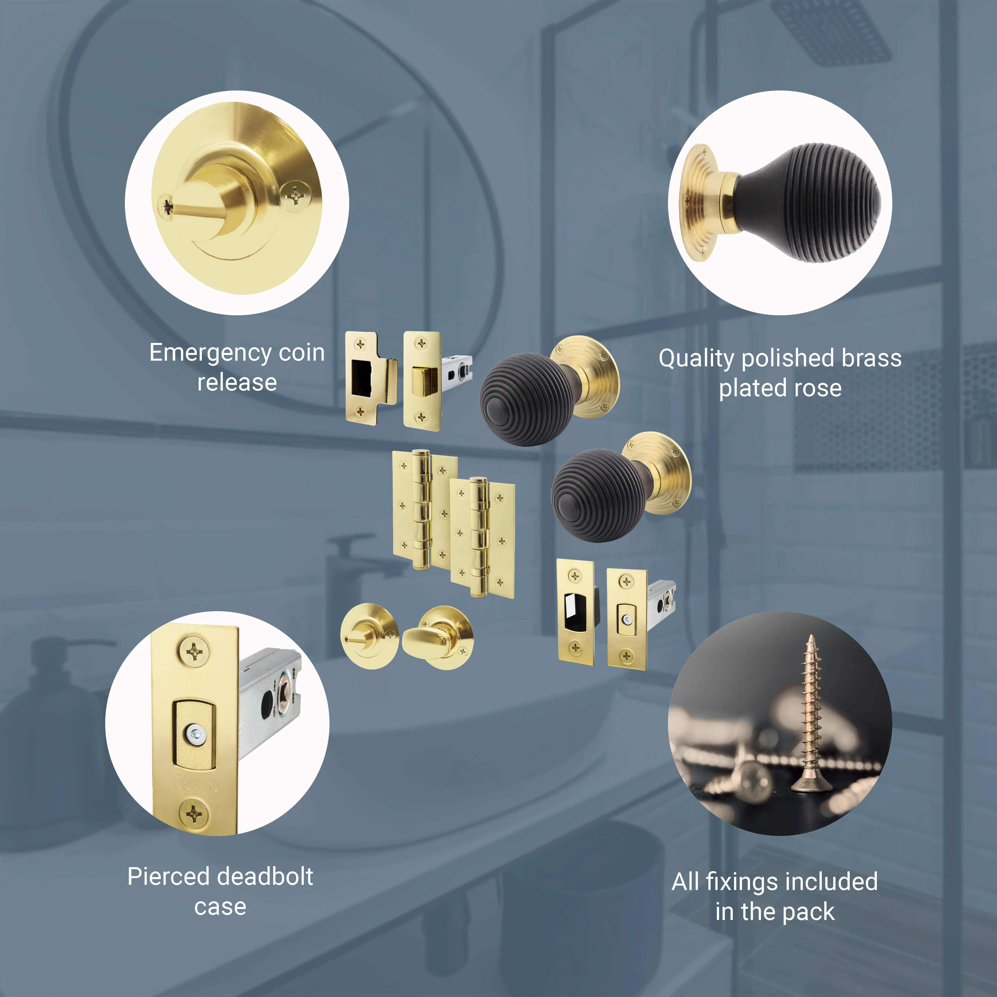 Beehive Reeded Ebony Mortice Door Knob Kit - 76mm Bathroom Deadbolt - Image 4