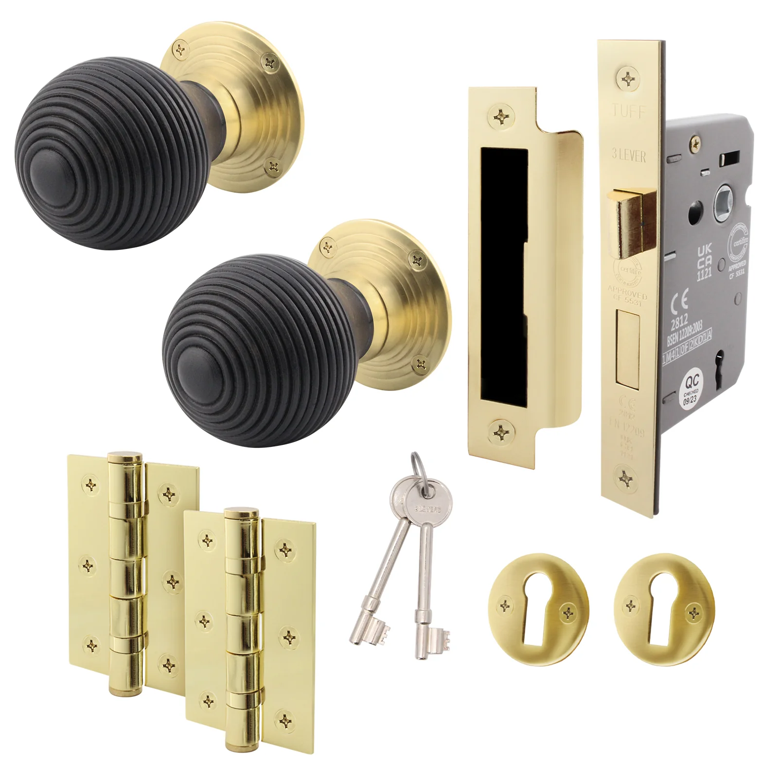 Beehive Black/Brass Wooden Mortice/Rim Door Knob Kit - 80mm Sashlock