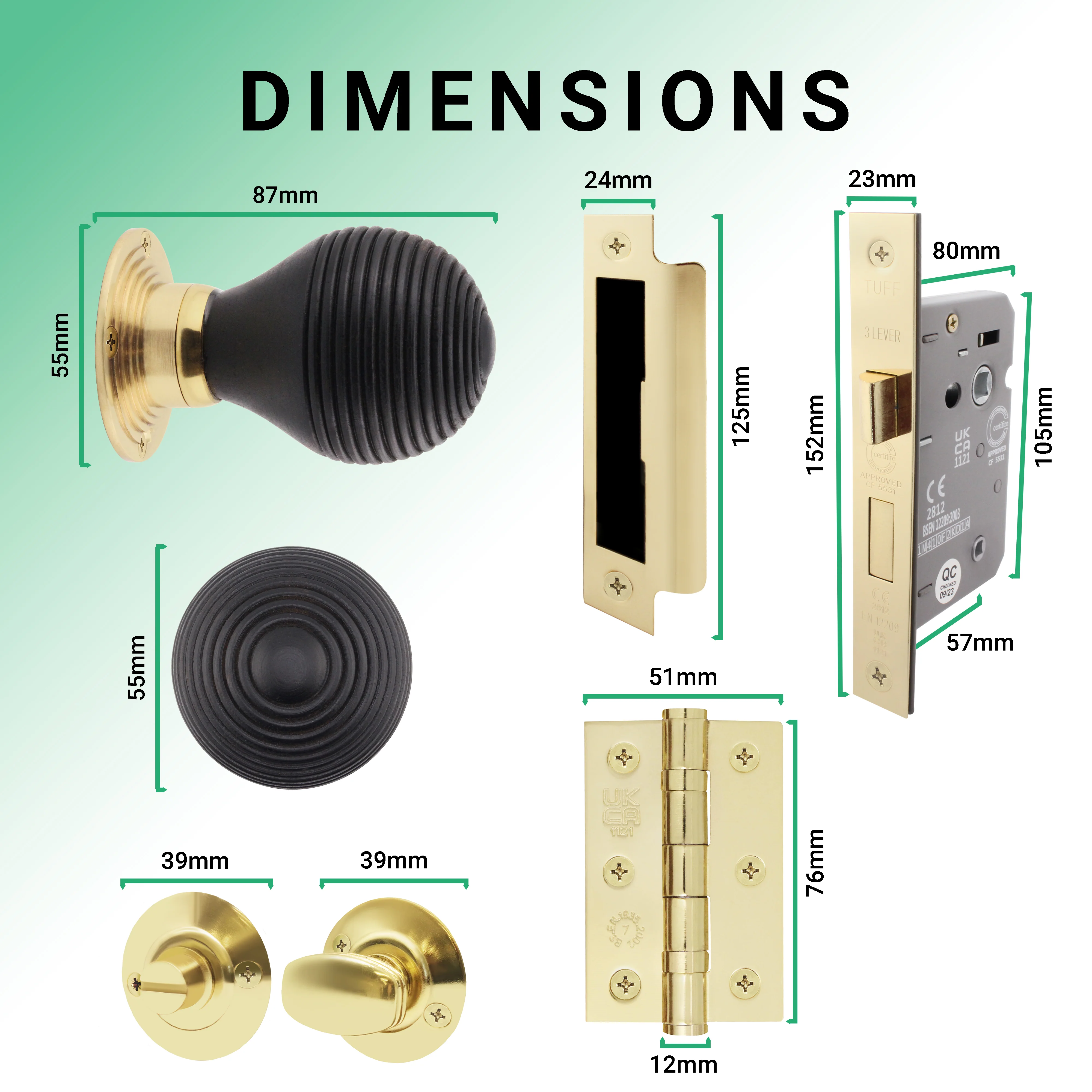 Beehive Ebony/Brass Wooden Mortice/Rim Door Knob Kit - 80mm Bathroom Lock - Image 3