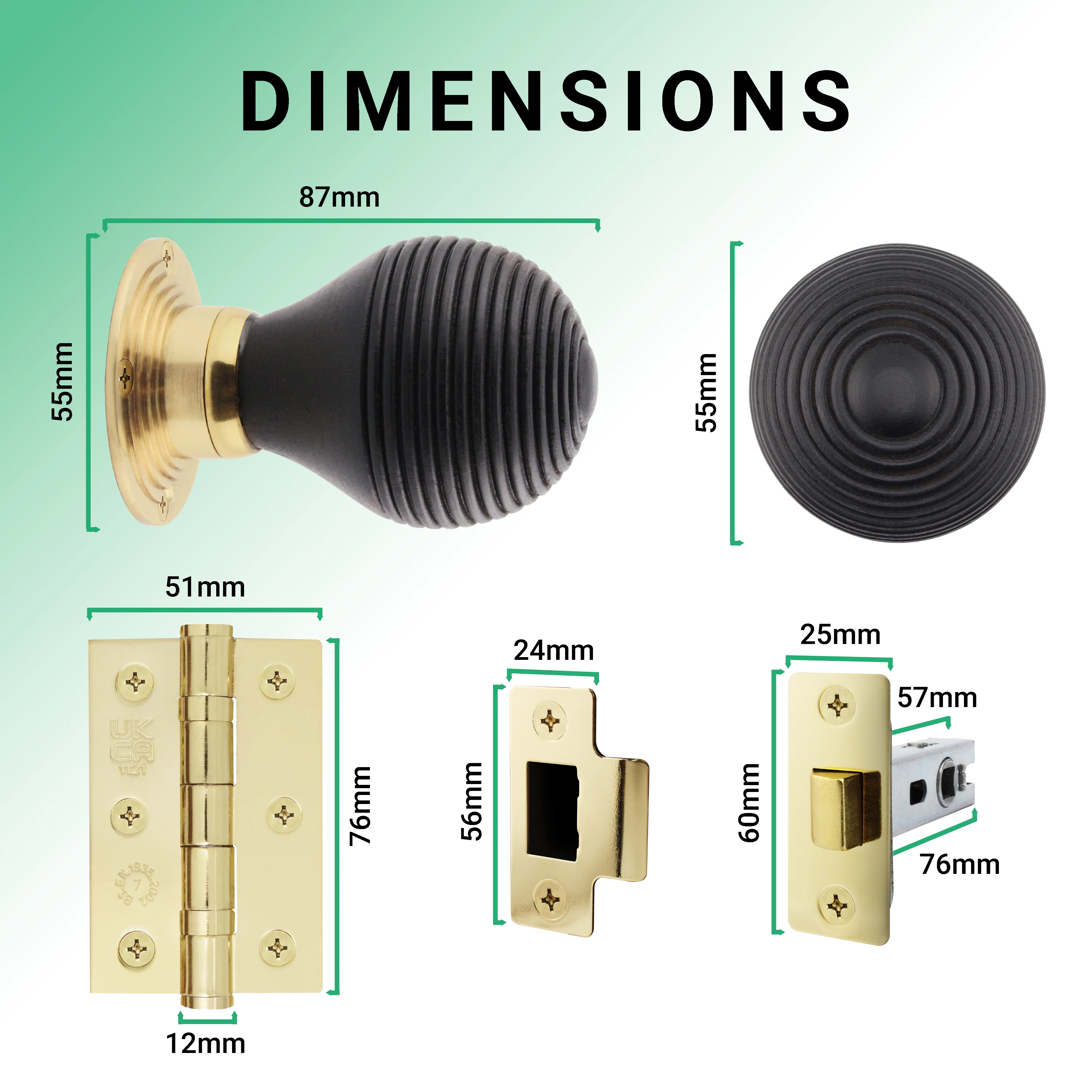 Beehive Ebony/Brass Wooden Mortice/Rim Door Knob Kit - 76mm Latch - Image 3
