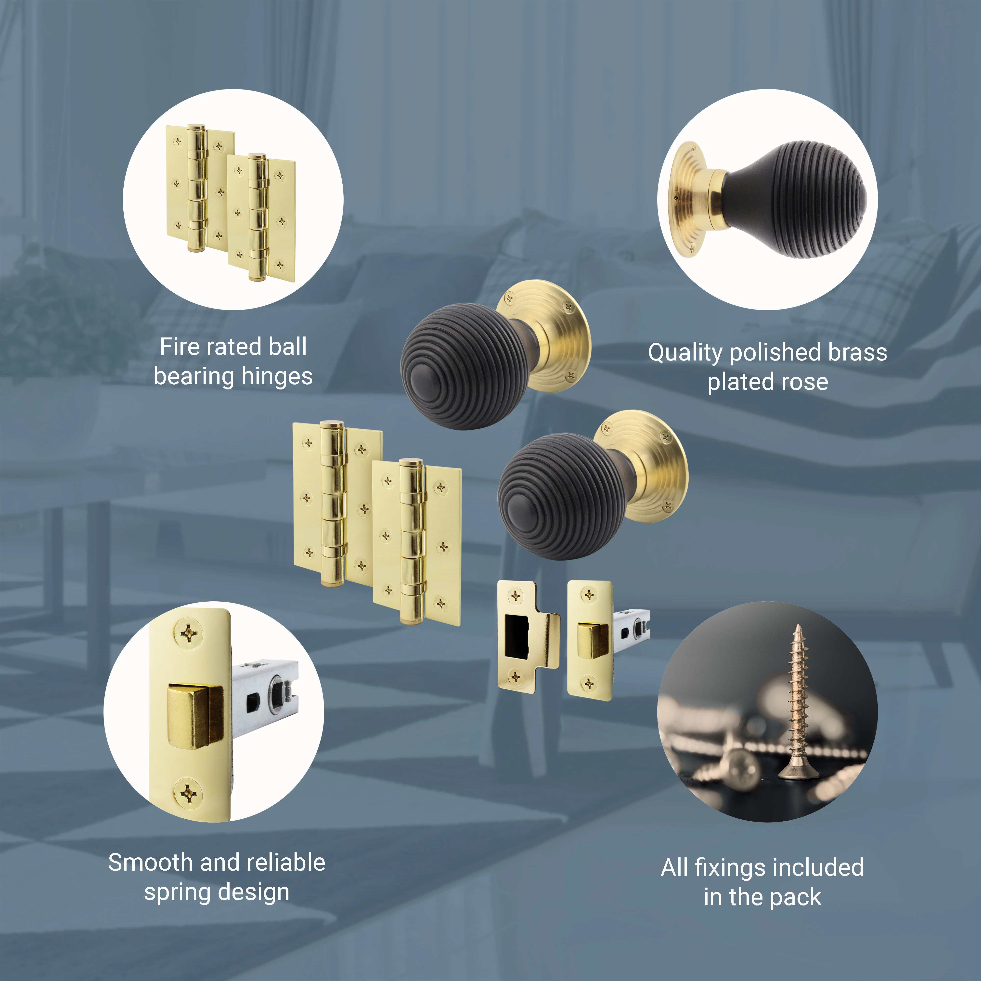 Beehive Ebony/Brass Wooden Mortice/Rim Door Knob Kit - 76mm Latch - Image 4