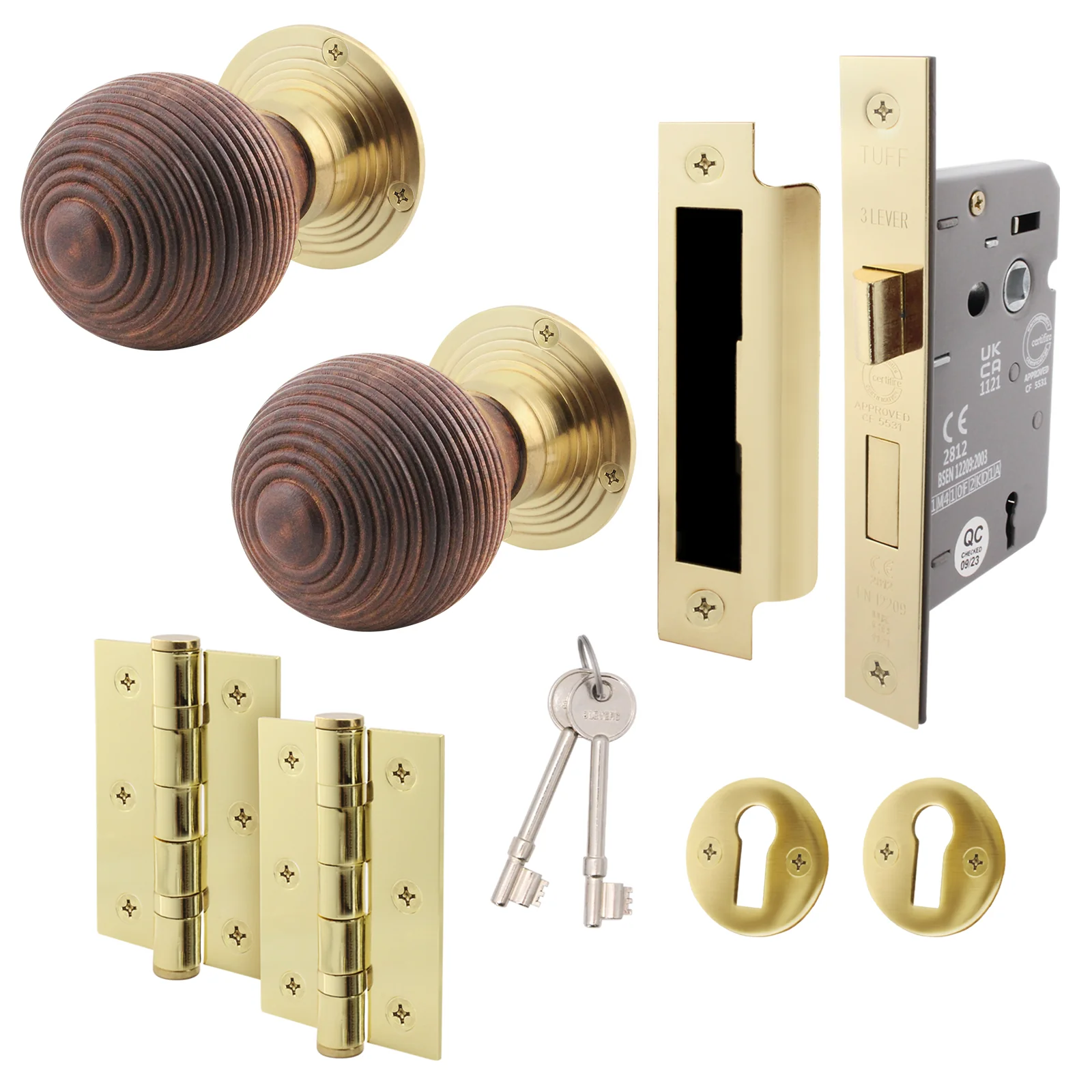 Beehive Rosewood/Brass Mortice/Rim Door Knob Kit - 80mm Sashlock