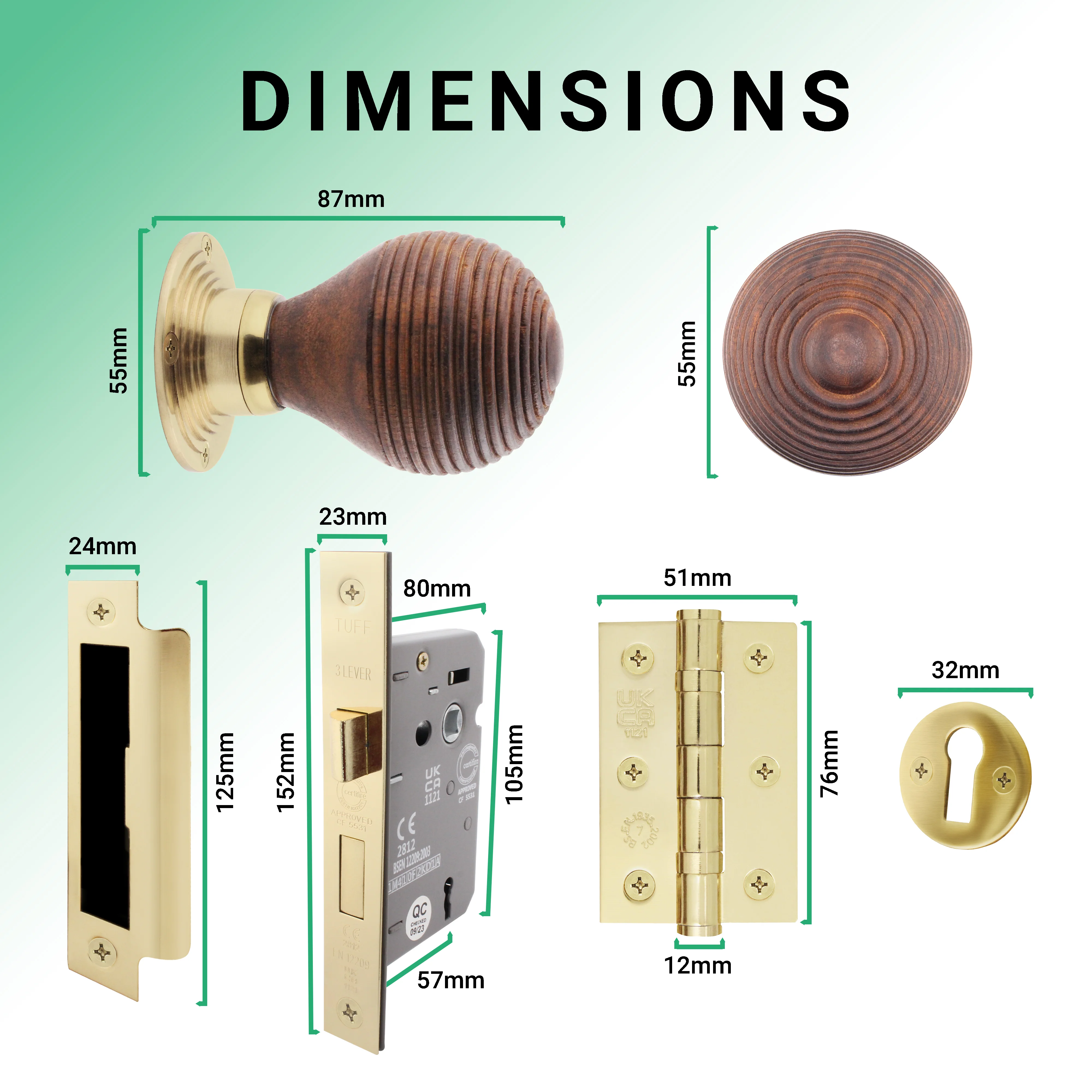 Beehive Rosewood/Brass Mortice/Rim Door Knob Kit - 80mm Sashlock - Image 3