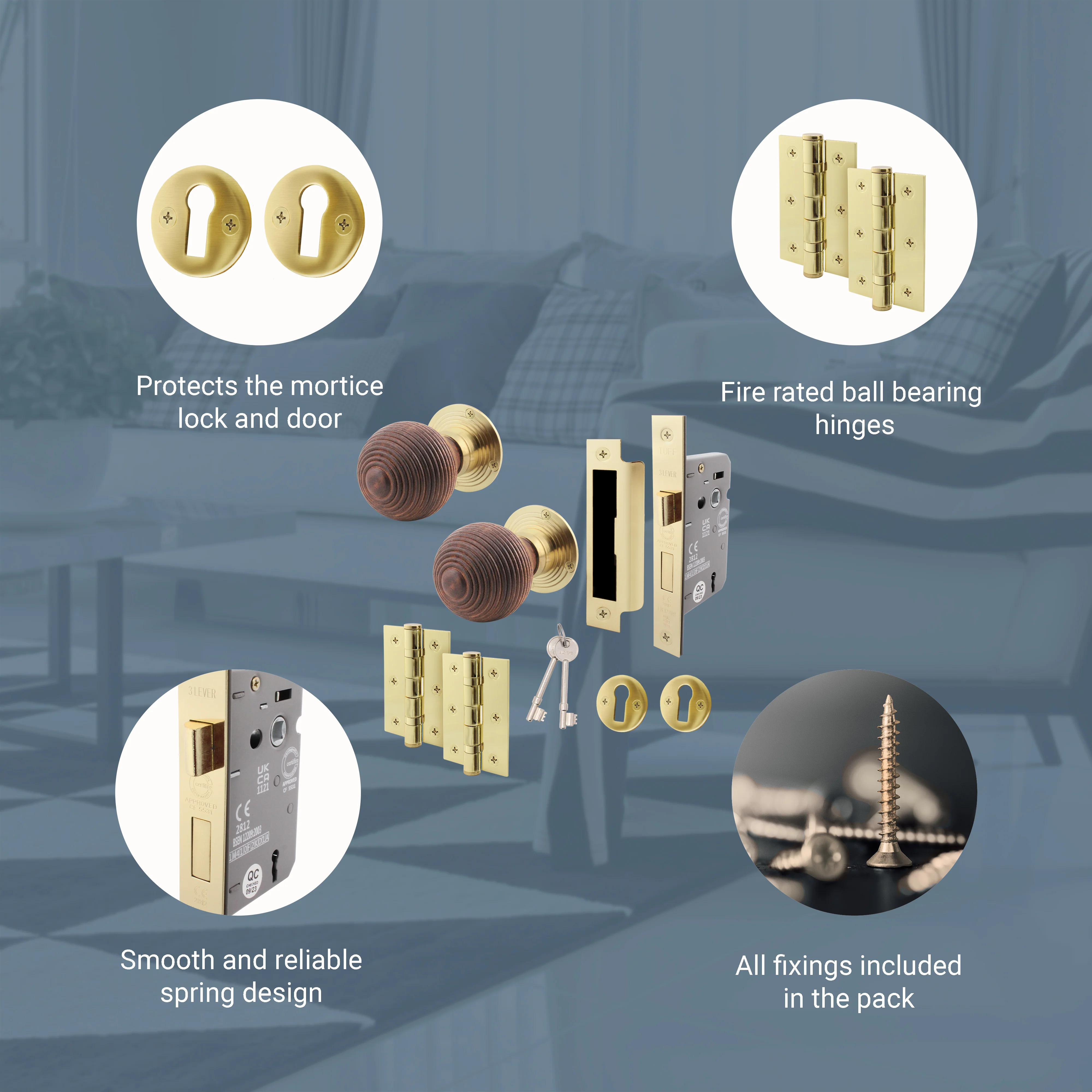 Beehive Rosewood/Brass Mortice/Rim Door Knob Kit - 80mm Sashlock - Image 4