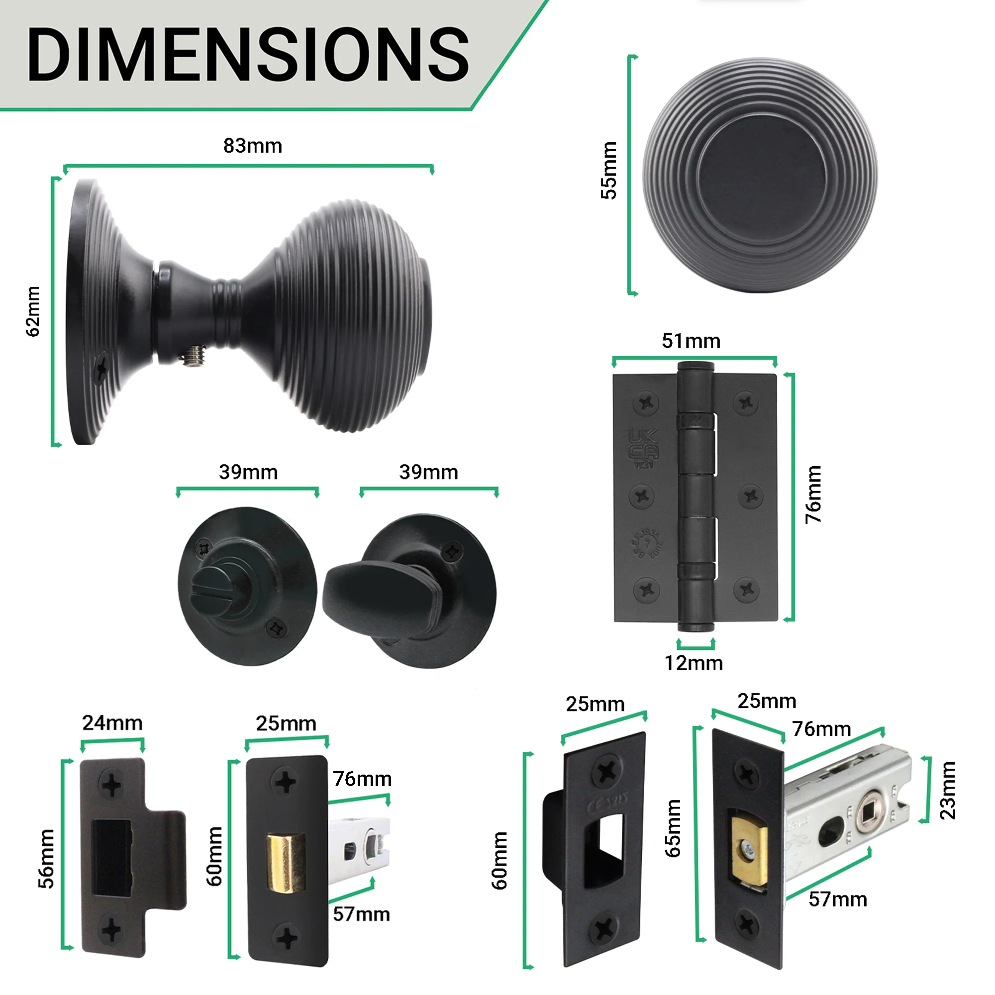 Beehive Black Mortice Door Knob Kit - 76mm Bathroom Deadbolt - Image 4
