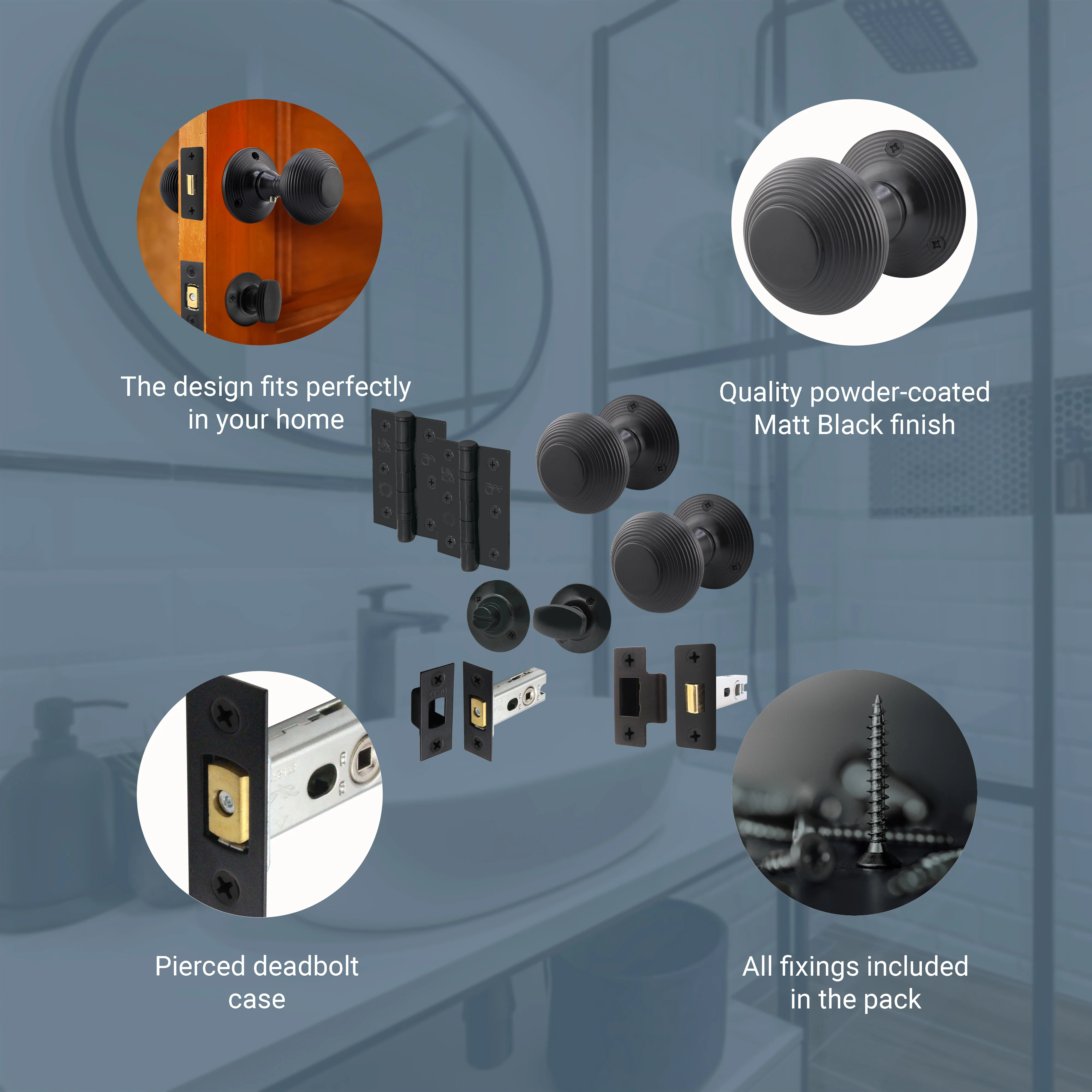 Beehive Black Mortice Door Knob Kit - 76mm Bathroom Deadbolt - Image 5