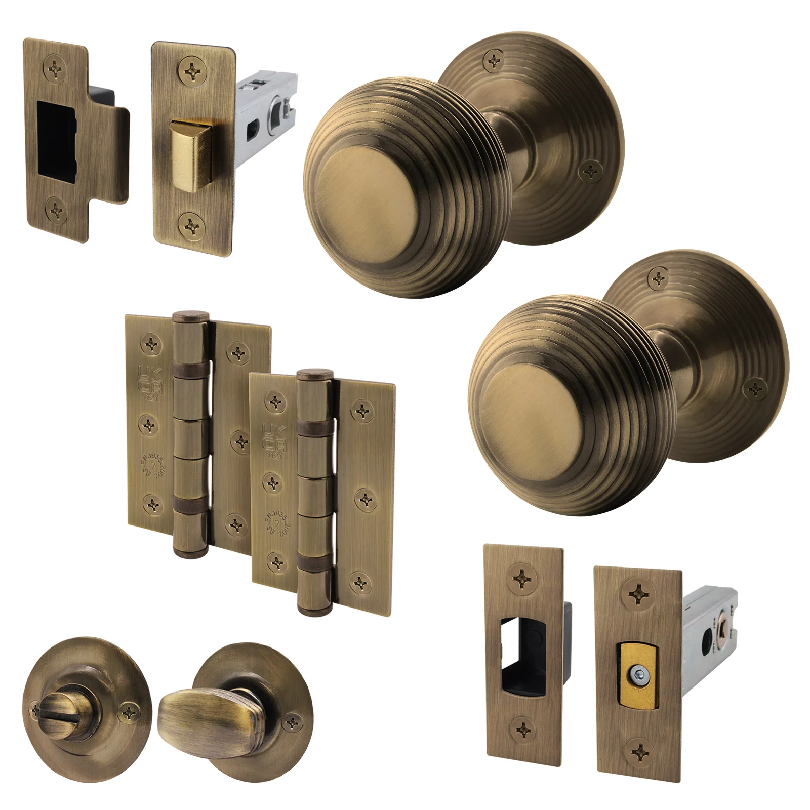Beehive Antique Brass Mortice Door Knob Kit - 76mnm Bathroom Deadbolt