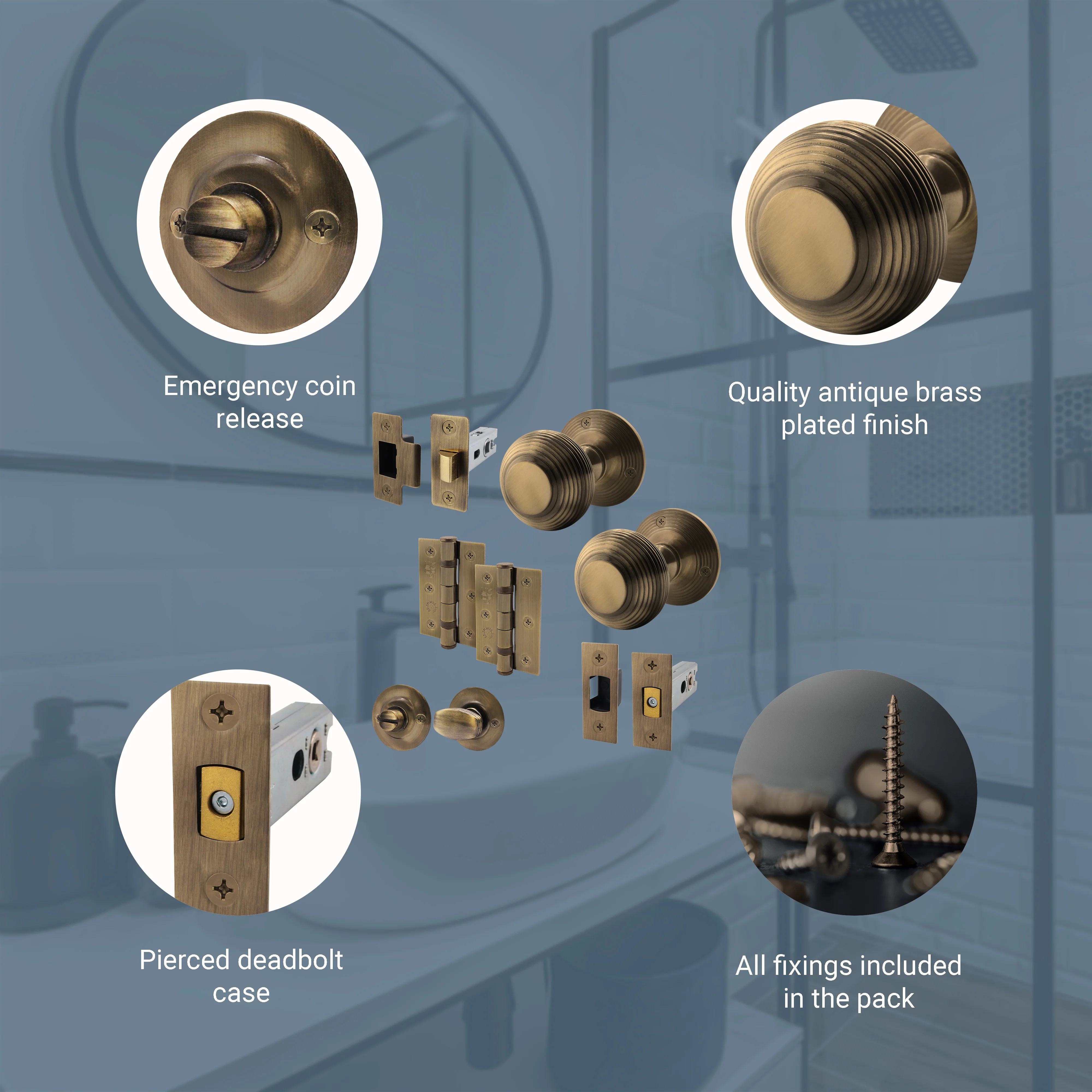 Beehive Antique Brass Mortice Door Knob Kit - 76mnm Bathroom Deadbolt - Image 4