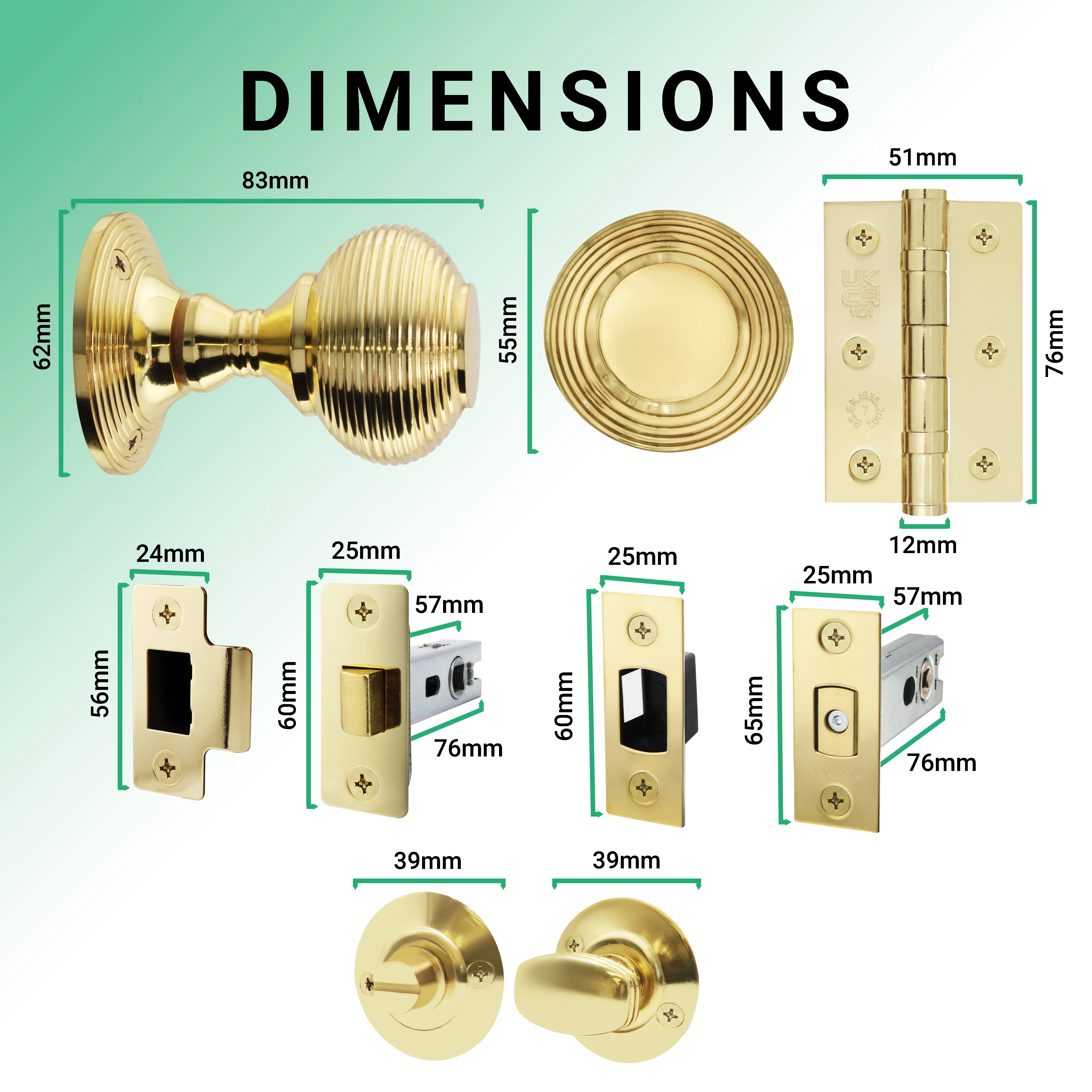 Beehive Polished Brass Mortice Door Knob Kit - 76mm Bathroom Deadbolt - Image 3