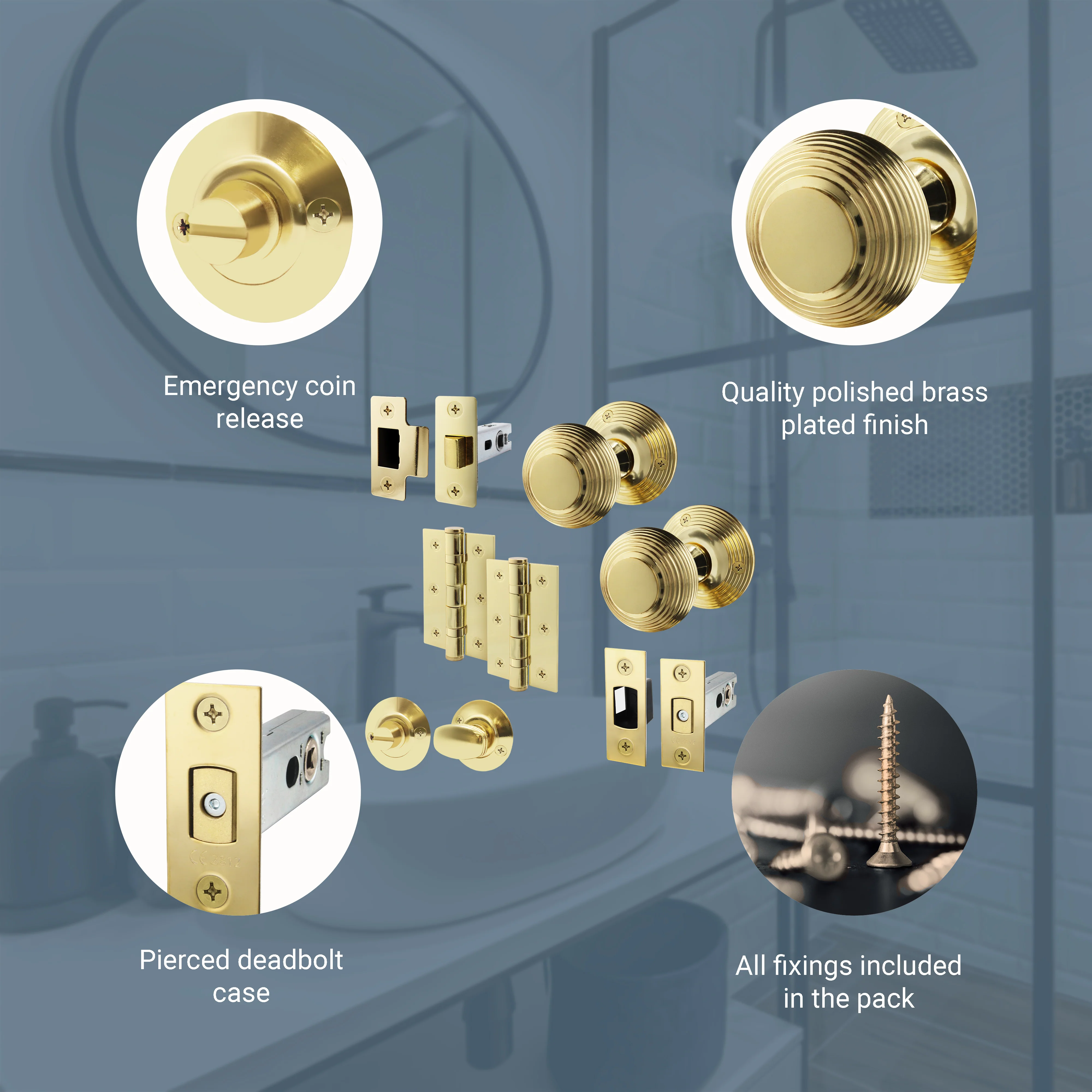 Beehive Polished Brass Mortice Door Knob Kit - 76mm Bathroom Deadbolt - Image 4