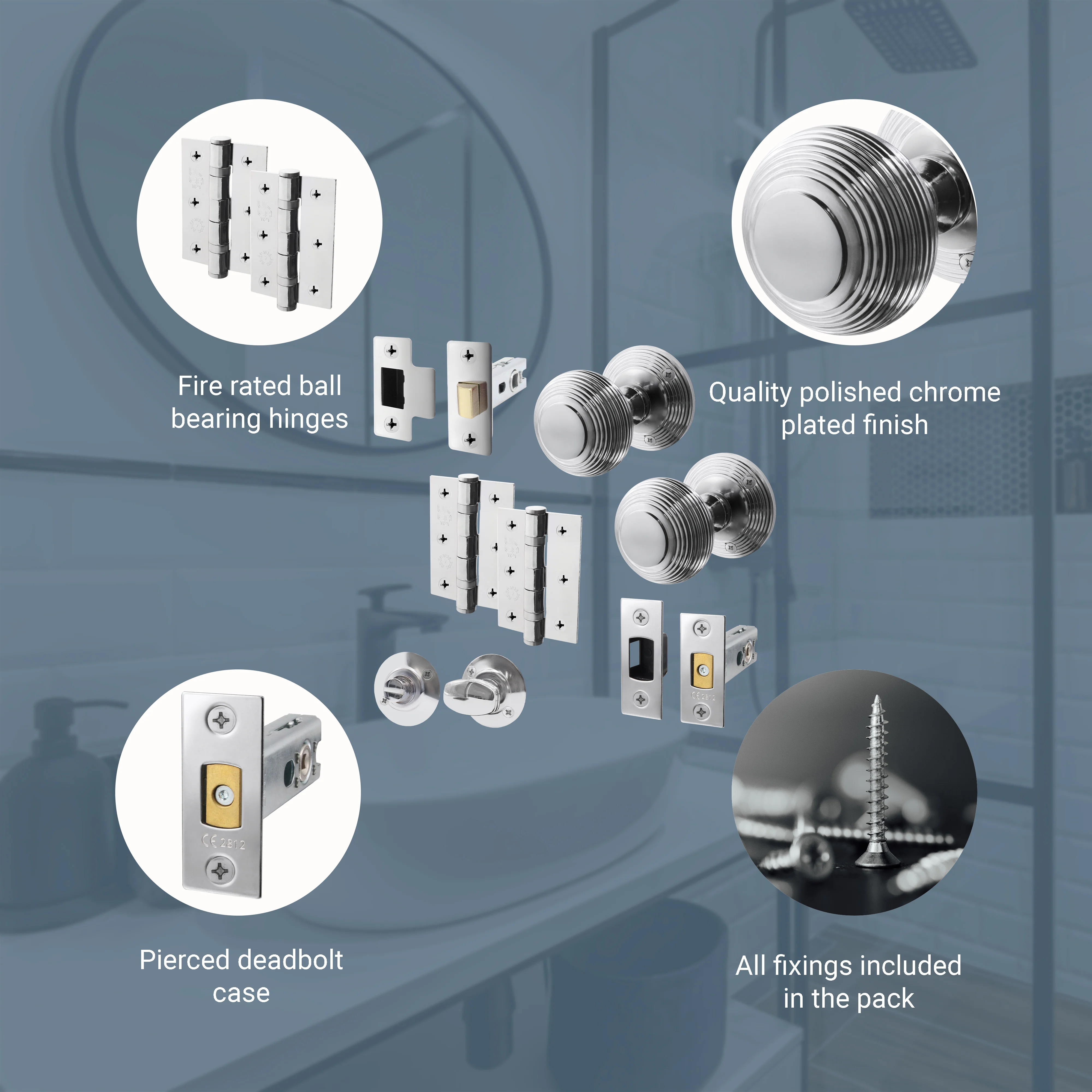 Beehive Polished Chrome Mortice Door Knob Kit - 76mm Bathroom Deadbolt - Image 4