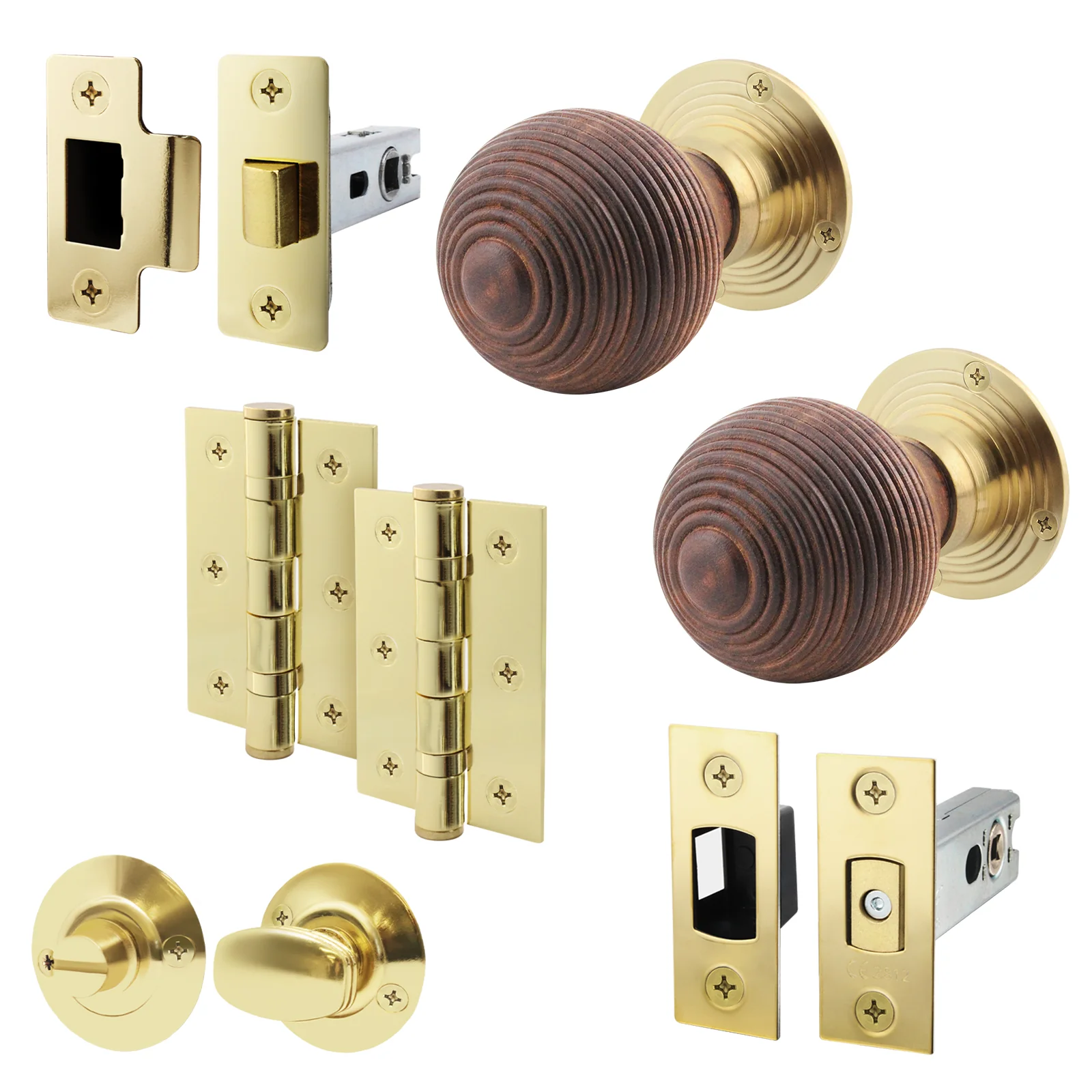 Beehive Rosewood/Brass Mortice/Rim Door Knob Kit - 76mm Bathroom Deadbolt