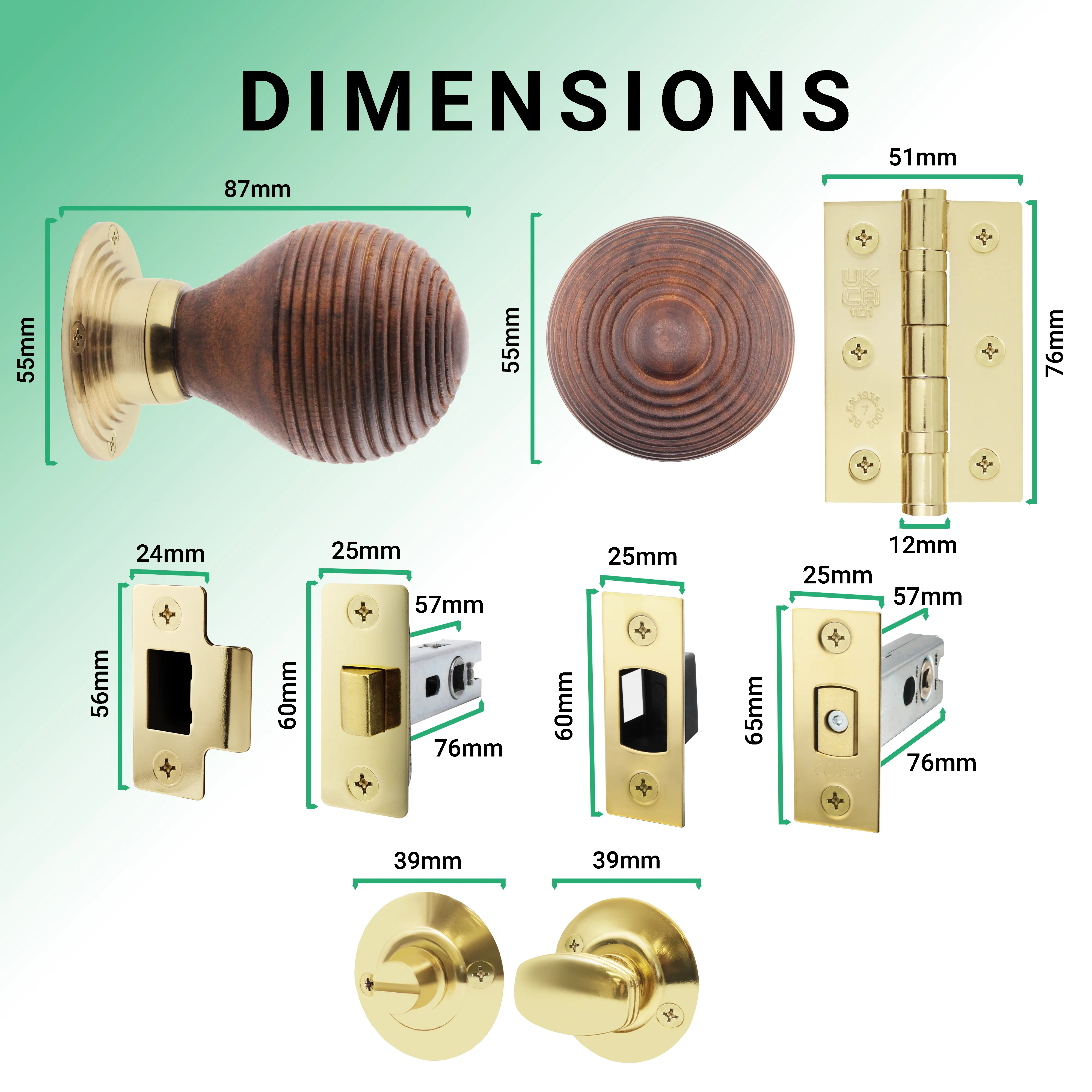 Beehive Rosewood/Brass Mortice/Rim Door Knob Kit - 76mm Bathroom Deadbolt - Image 3