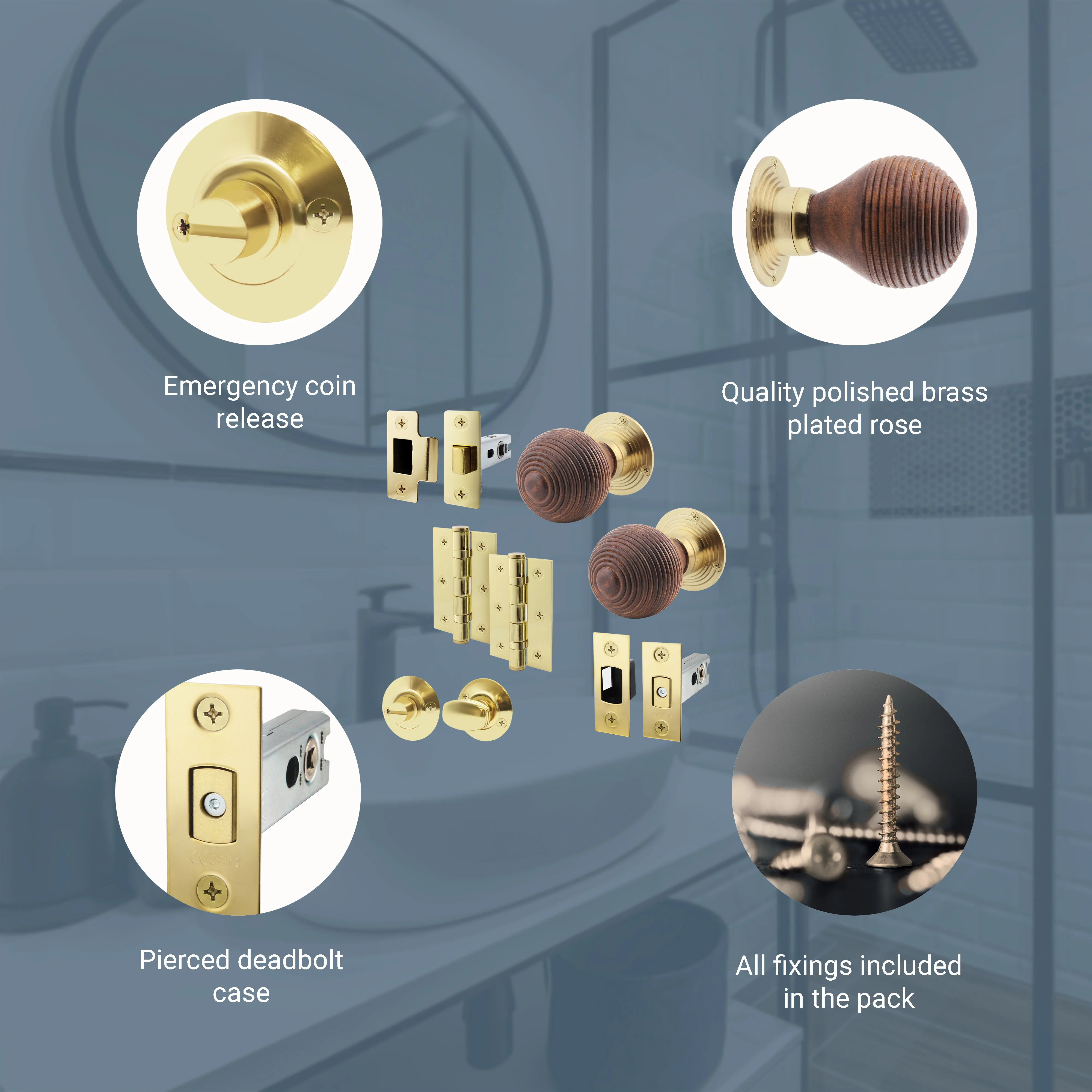 Beehive Rosewood/Brass Mortice/Rim Door Knob Kit - 76mm Bathroom Deadbolt - Image 4