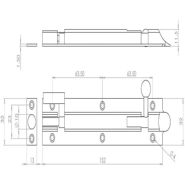 Bell Pattern Barrel Bolt Necked -150x32mm - Polished Chrome - Image 2