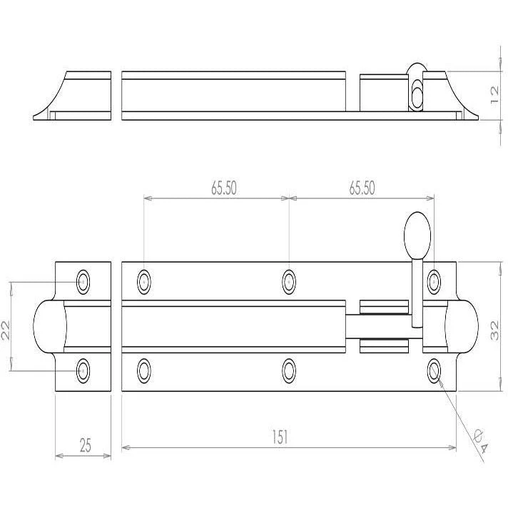 Bell Pattern Barrel Bolt Straight -150x32mm - Polished Chrome - Image 2