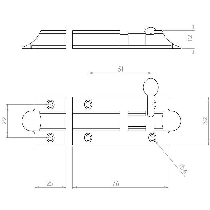 Bell Pattern Barrel Bolt Straight - 75x32mm - Polished Brass - Image 2
