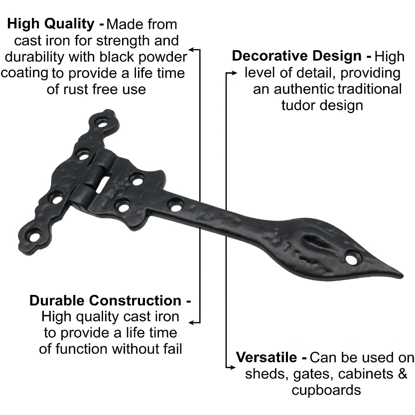 Black Iron Spear Pattern Antique Wrought Cast Iron Hinge - 225mm / 9 Inch - Black - Image 3