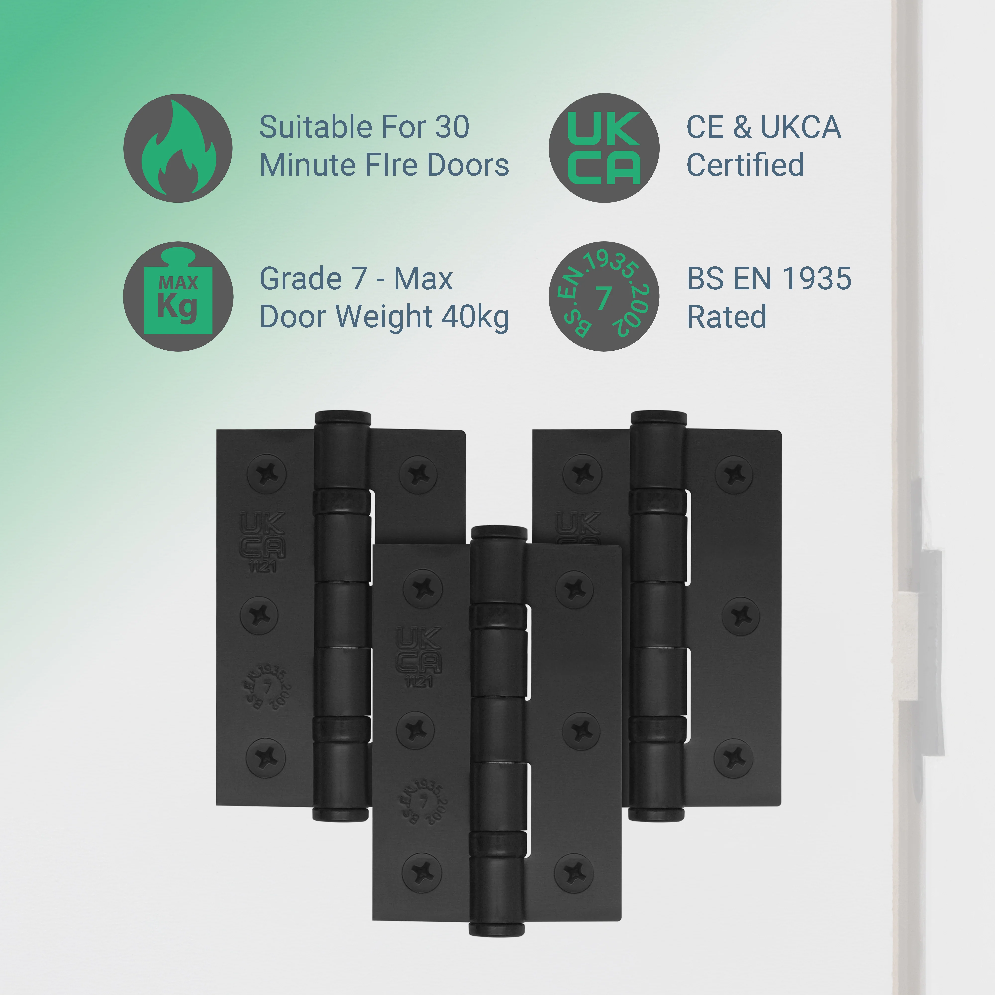 Black Fire Door Hinges - 3 Inch/76mm - Grade 7 Steel Ball Bearing - Pack of 3 Hinges - Image 2