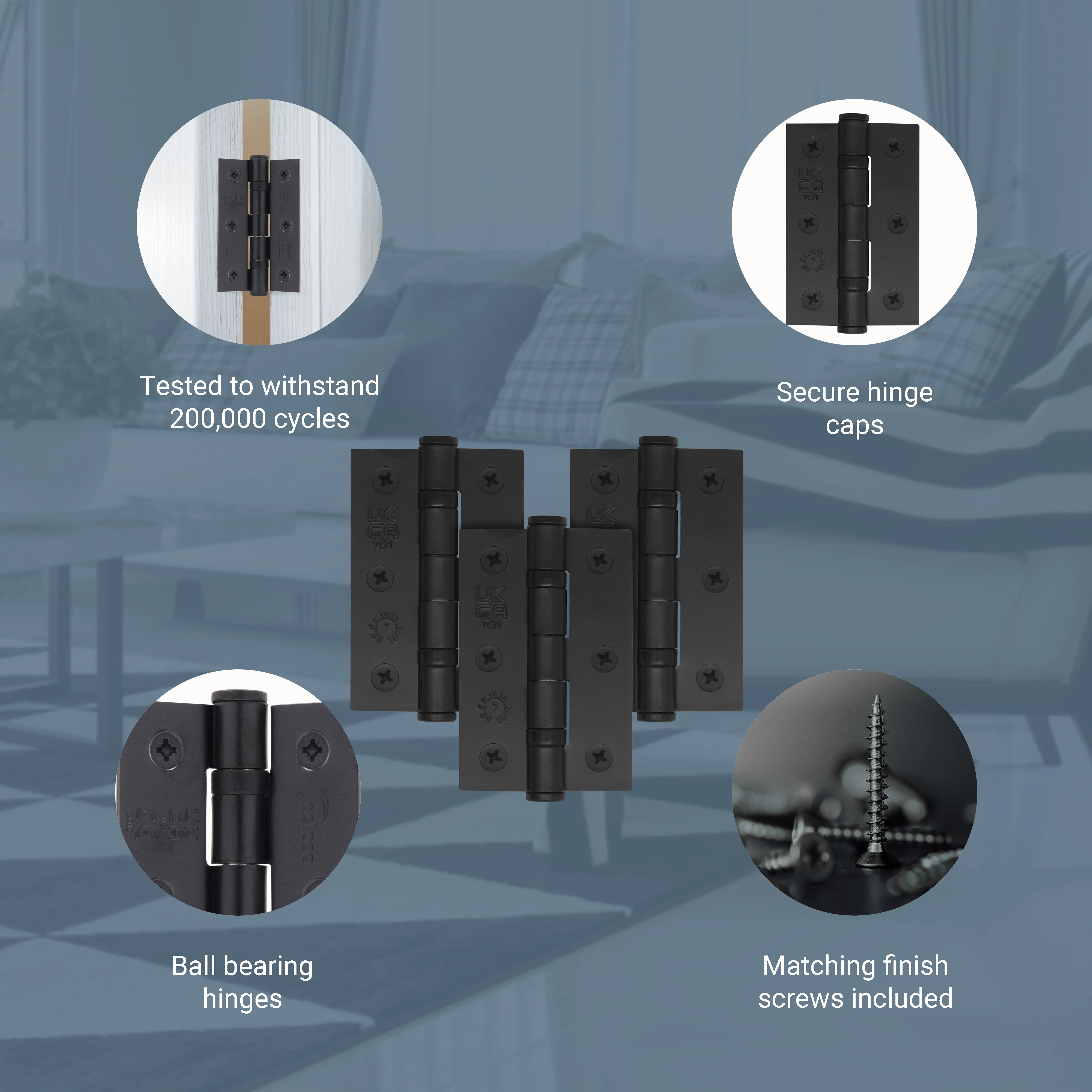 Black Fire Door Hinges - 3 Inch/76mm - Grade 7 Steel Ball Bearing - Pack of 3 Hinges - Image 3